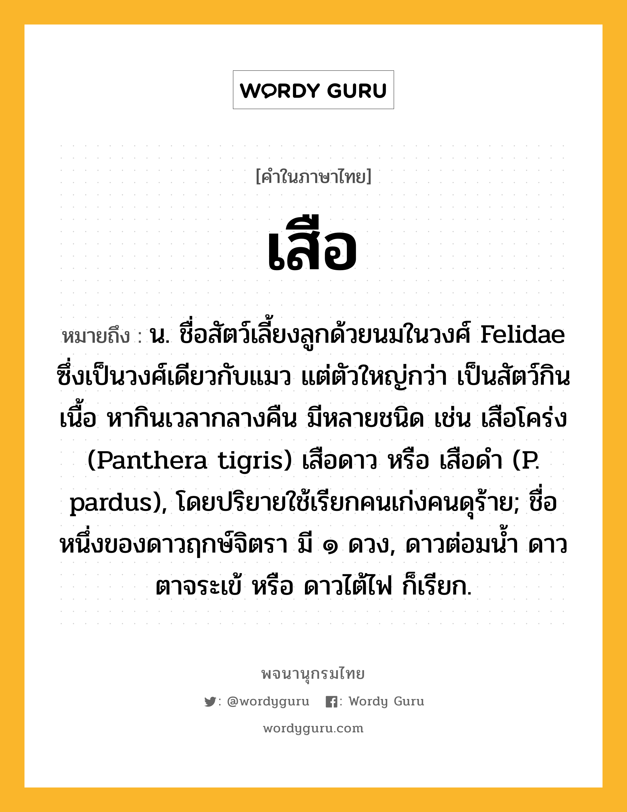 เสือ หมายถึงอะไร?, คำในภาษาไทย เสือ หมายถึง น. ชื่อสัตว์เลี้ยงลูกด้วยนมในวงศ์ Felidae ซึ่งเป็นวงศ์เดียวกับแมว แต่ตัวใหญ่กว่า เป็นสัตว์กินเนื้อ หากินเวลากลางคืน มีหลายชนิด เช่น เสือโคร่ง (Panthera tigris) เสือดาว หรือ เสือดํา (P. pardus), โดยปริยายใช้เรียกคนเก่งคนดุร้าย; ชื่อหนึ่งของดาวฤกษ์จิตรา มี ๑ ดวง, ดาวต่อมนํ้า ดาวตาจระเข้ หรือ ดาวไต้ไฟ ก็เรียก.