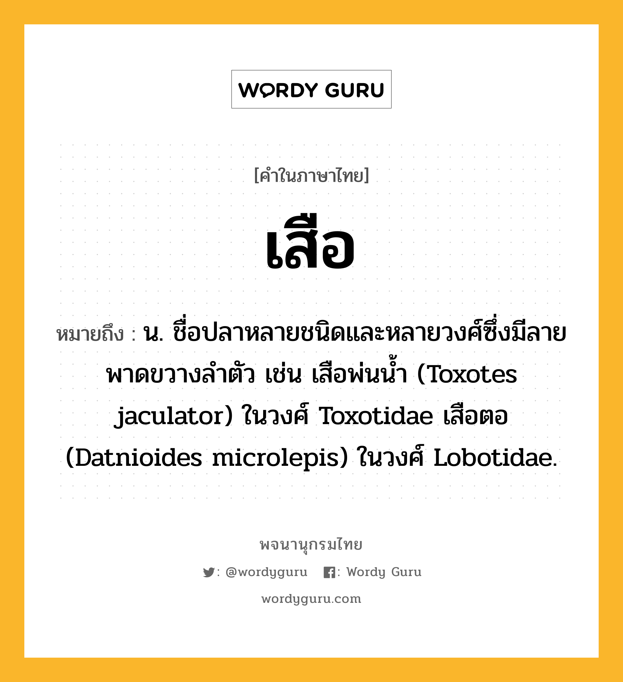 เสือ หมายถึงอะไร?, คำในภาษาไทย เสือ หมายถึง น. ชื่อปลาหลายชนิดและหลายวงศ์ซึ่งมีลายพาดขวางลําตัว เช่น เสือพ่นนํ้า (Toxotes jaculator) ในวงศ์ Toxotidae เสือตอ (Datnioides microlepis) ในวงศ์ Lobotidae.