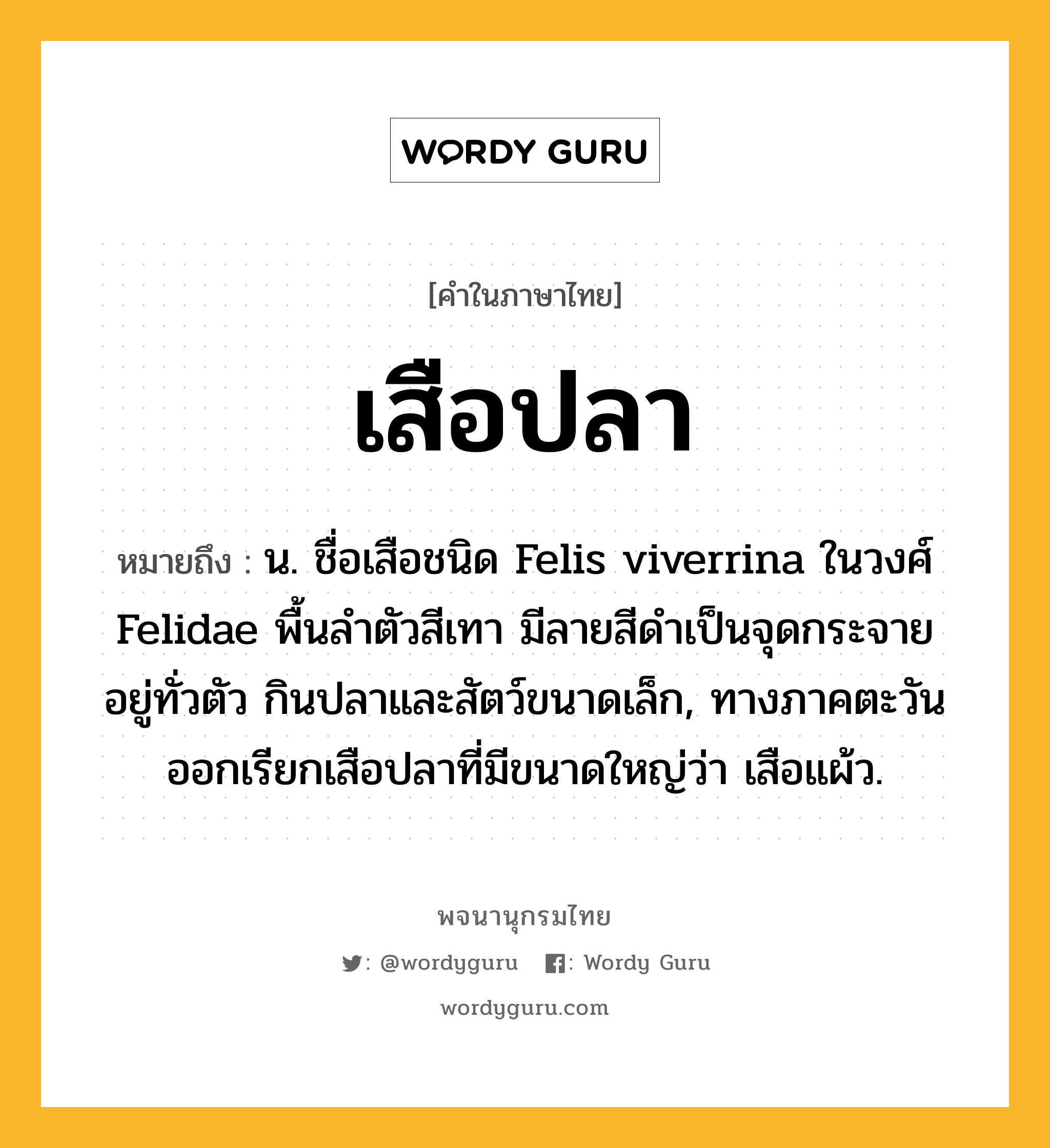 เสือปลา หมายถึงอะไร?, คำในภาษาไทย เสือปลา หมายถึง น. ชื่อเสือชนิด Felis viverrina ในวงศ์ Felidae พื้นลําตัวสีเทา มีลายสีดําเป็นจุดกระจายอยู่ทั่วตัว กินปลาและสัตว์ขนาดเล็ก, ทางภาคตะวันออกเรียกเสือปลาที่มีขนาดใหญ่ว่า เสือแผ้ว.