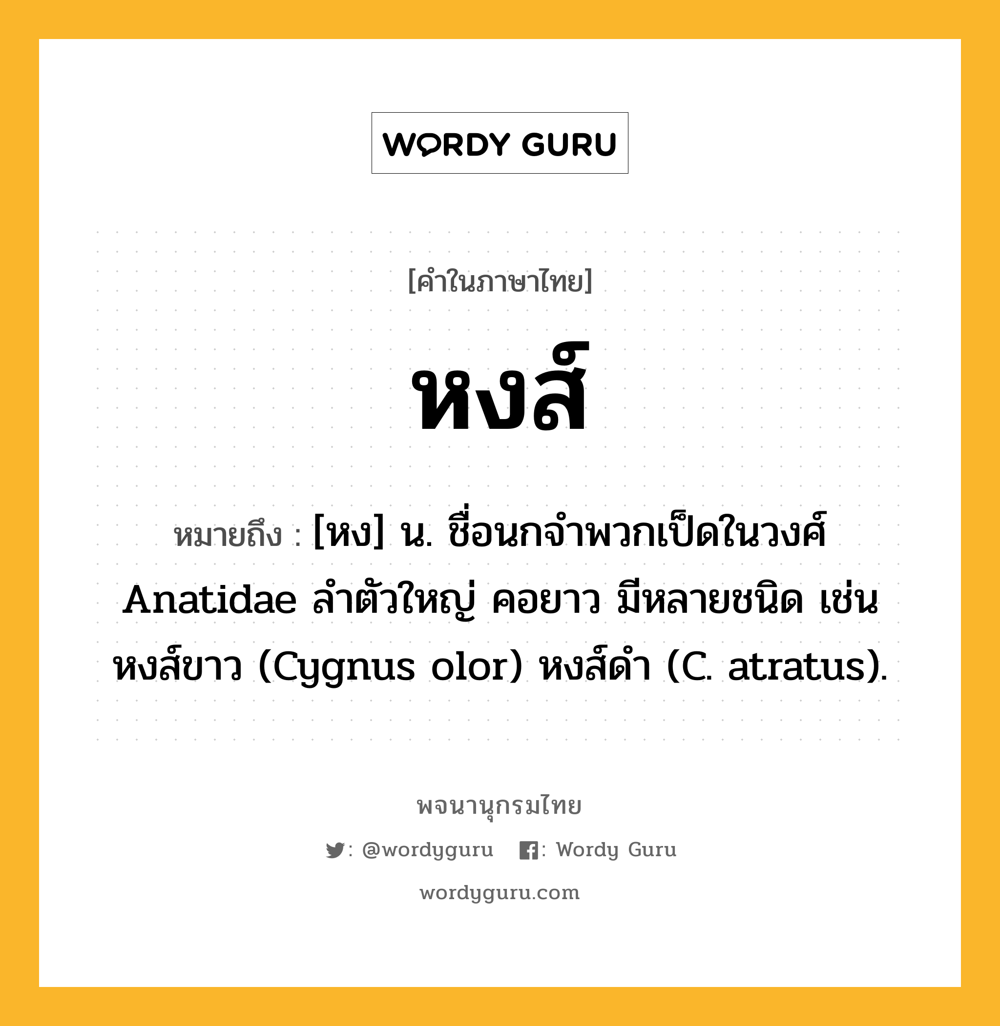 หงส์ หมายถึงอะไร?, คำในภาษาไทย หงส์ หมายถึง [หง] น. ชื่อนกจําพวกเป็ดในวงศ์ Anatidae ลําตัวใหญ่ คอยาว มีหลายชนิด เช่น หงส์ขาว (Cygnus olor) หงส์ดํา (C. atratus).