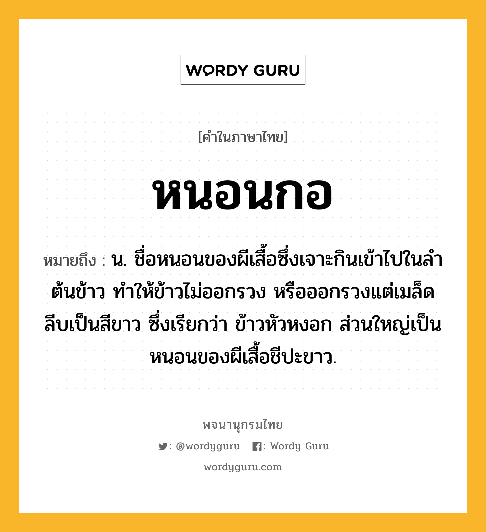 หนอนกอ หมายถึงอะไร?, คำในภาษาไทย หนอนกอ หมายถึง น. ชื่อหนอนของผีเสื้อซึ่งเจาะกินเข้าไปในลําต้นข้าว ทําให้ข้าวไม่ออกรวง หรือออกรวงแต่เมล็ดลีบเป็นสีขาว ซึ่งเรียกว่า ข้าวหัวหงอก ส่วนใหญ่เป็นหนอนของผีเสื้อชีปะขาว.