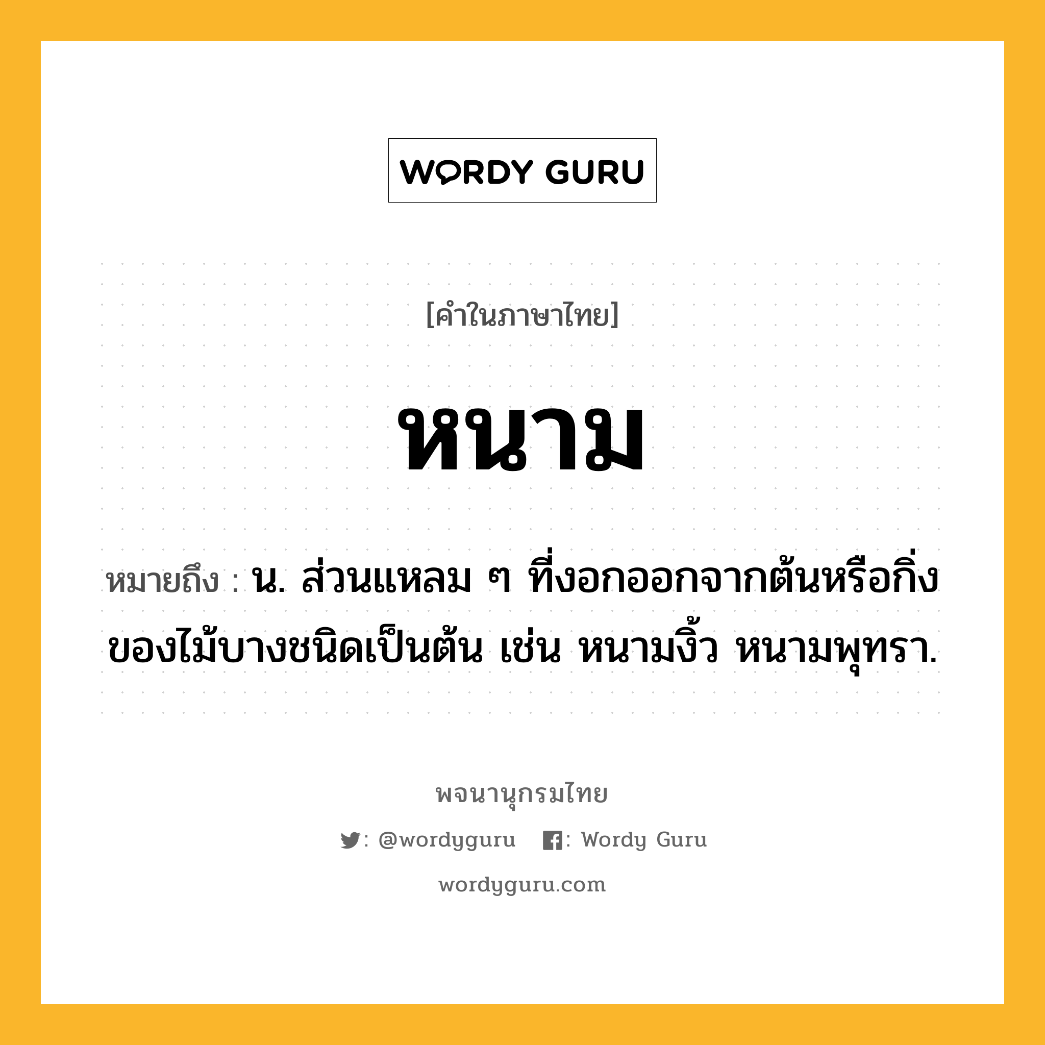 หนาม ความหมาย หมายถึงอะไร?, คำในภาษาไทย หนาม หมายถึง น. ส่วนแหลม ๆ ที่งอกออกจากต้นหรือกิ่งของไม้บางชนิดเป็นต้น เช่น หนามงิ้ว หนามพุทรา.