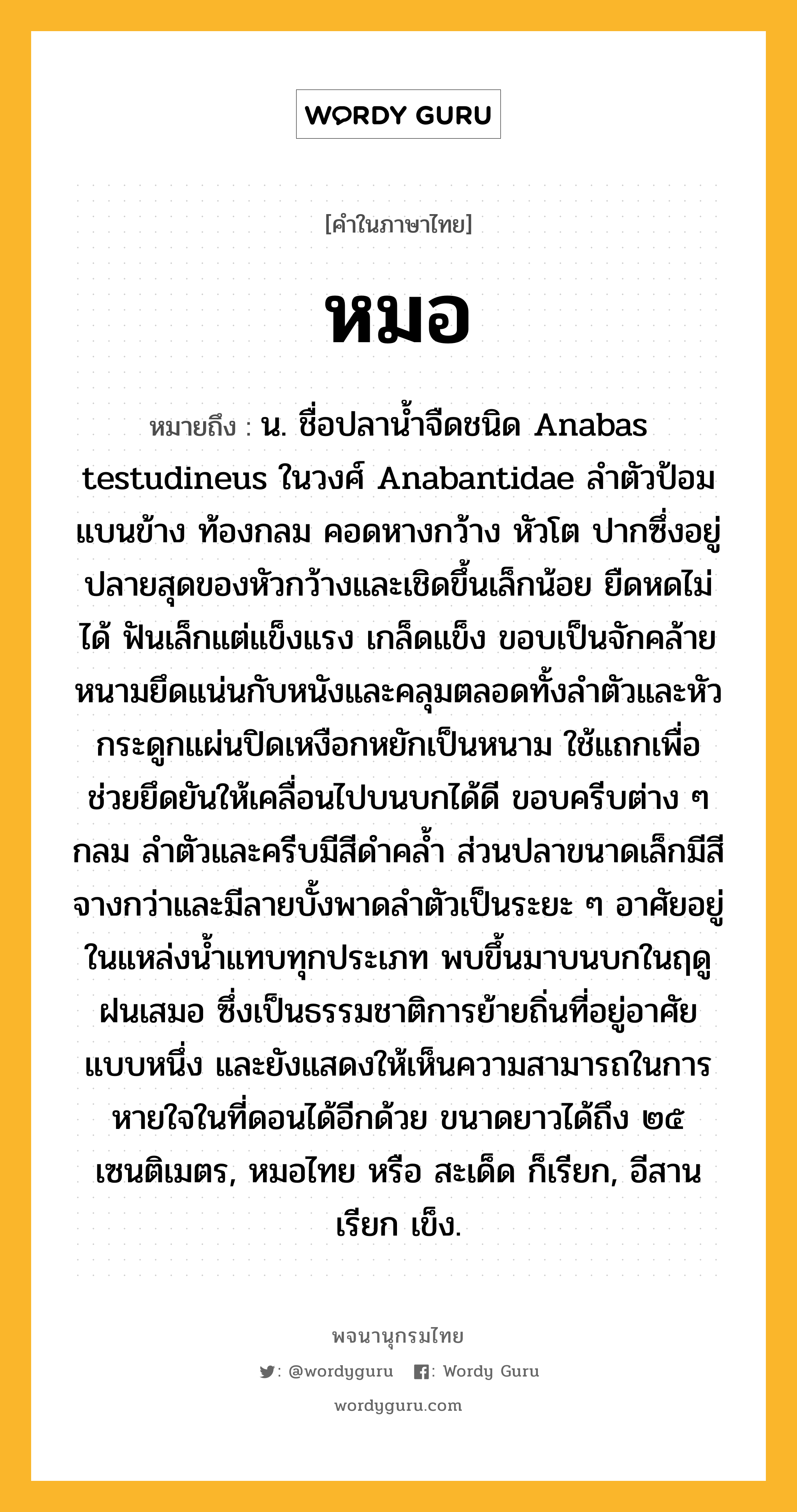 หมอ หมายถึงอะไร?, คำในภาษาไทย หมอ หมายถึง น. ชื่อปลานํ้าจืดชนิด Anabas testudineus ในวงศ์ Anabantidae ลําตัวป้อม แบนข้าง ท้องกลม คอดหางกว้าง หัวโต ปากซึ่งอยู่ปลายสุดของหัวกว้างและเชิดขึ้นเล็กน้อย ยืดหดไม่ได้ ฟันเล็กแต่แข็งแรง เกล็ดแข็ง ขอบเป็นจักคล้ายหนามยึดแน่นกับหนังและคลุมตลอดทั้งลําตัวและหัว กระดูกแผ่นปิดเหงือกหยักเป็นหนาม ใช้แถกเพื่อช่วยยึดยันให้เคลื่อนไปบนบกได้ดี ขอบครีบต่าง ๆ กลม ลําตัวและครีบมีสีดําคลํ้า ส่วนปลาขนาดเล็กมีสีจางกว่าและมีลายบั้งพาดลําตัวเป็นระยะ ๆ อาศัยอยู่ในแหล่งนํ้าแทบทุกประเภท พบขึ้นมาบนบกในฤดูฝนเสมอ ซึ่งเป็นธรรมชาติการย้ายถิ่นที่อยู่อาศัยแบบหนึ่ง และยังแสดงให้เห็นความสามารถในการหายใจในที่ดอนได้อีกด้วย ขนาดยาวได้ถึง ๒๕ เซนติเมตร, หมอไทย หรือ สะเด็ด ก็เรียก, อีสานเรียก เข็ง.