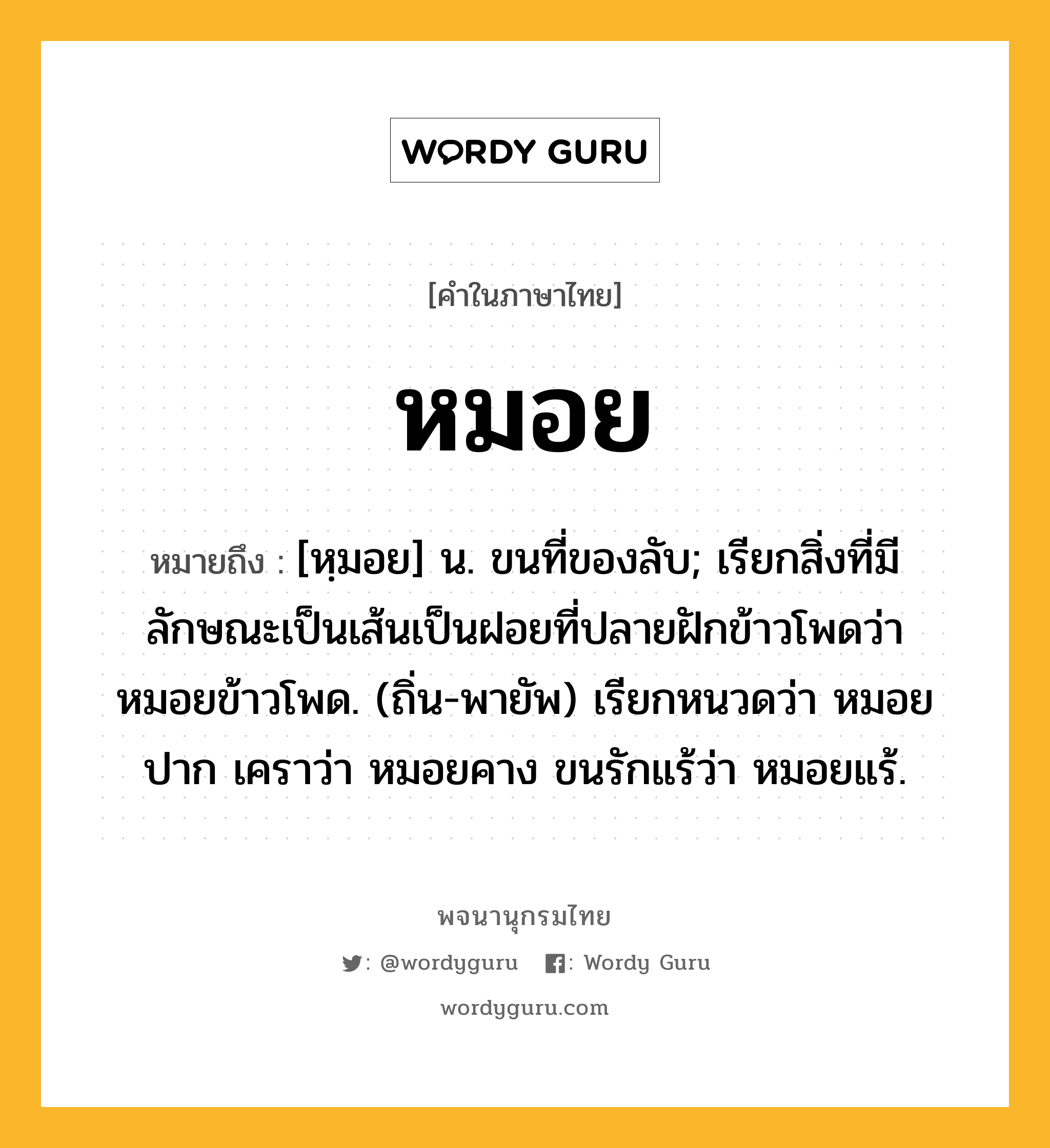 หมอย ความหมาย หมายถึงอะไร?, คำในภาษาไทย หมอย หมายถึง [หฺมอย] น. ขนที่ของลับ; เรียกสิ่งที่มีลักษณะเป็นเส้นเป็นฝอยที่ปลายฝักข้าวโพดว่า หมอยข้าวโพด. (ถิ่น-พายัพ) เรียกหนวดว่า หมอยปาก เคราว่า หมอยคาง ขนรักแร้ว่า หมอยแร้.