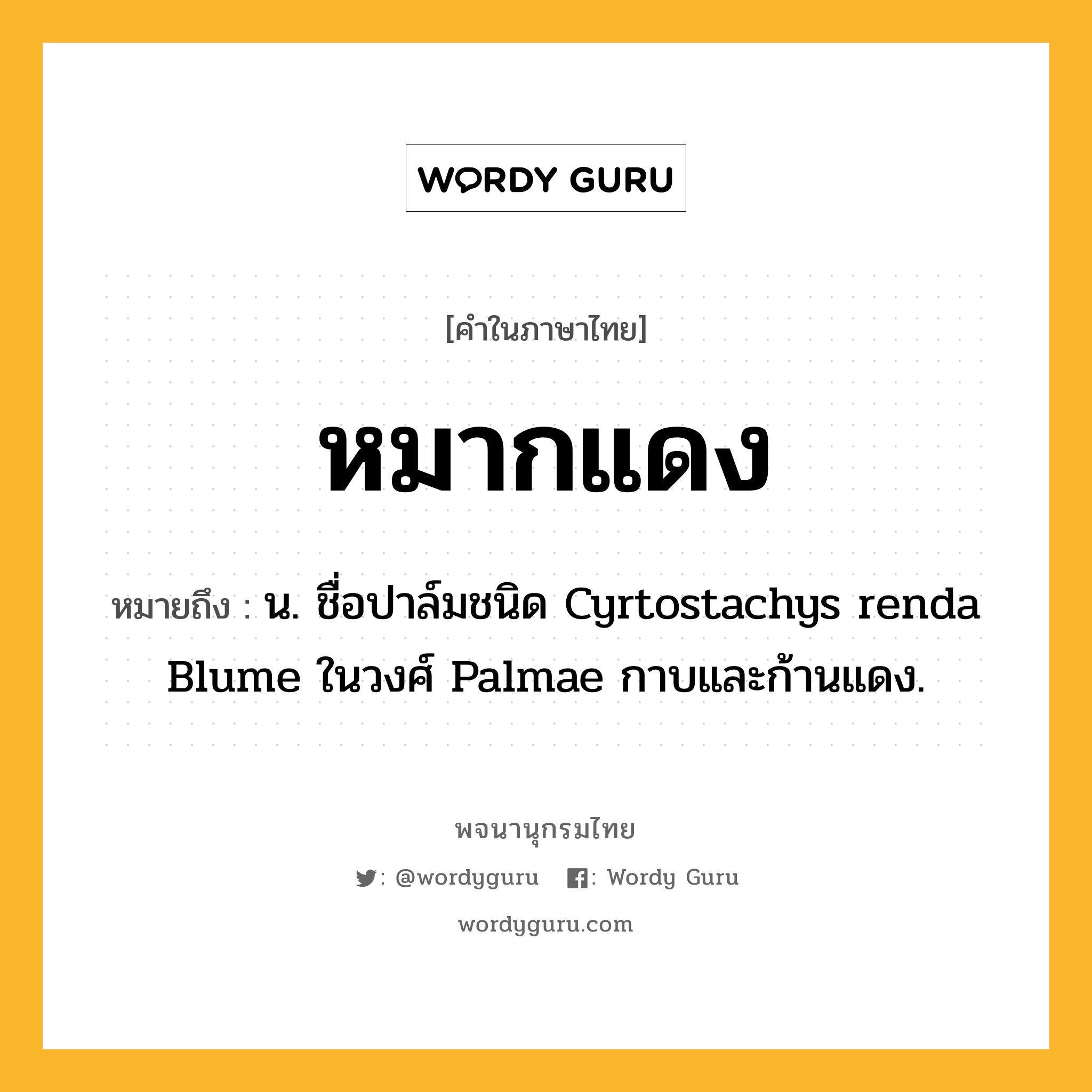 หมากแดง ความหมาย หมายถึงอะไร?, คำในภาษาไทย หมากแดง หมายถึง น. ชื่อปาล์มชนิด Cyrtostachys renda Blume ในวงศ์ Palmae กาบและก้านแดง.