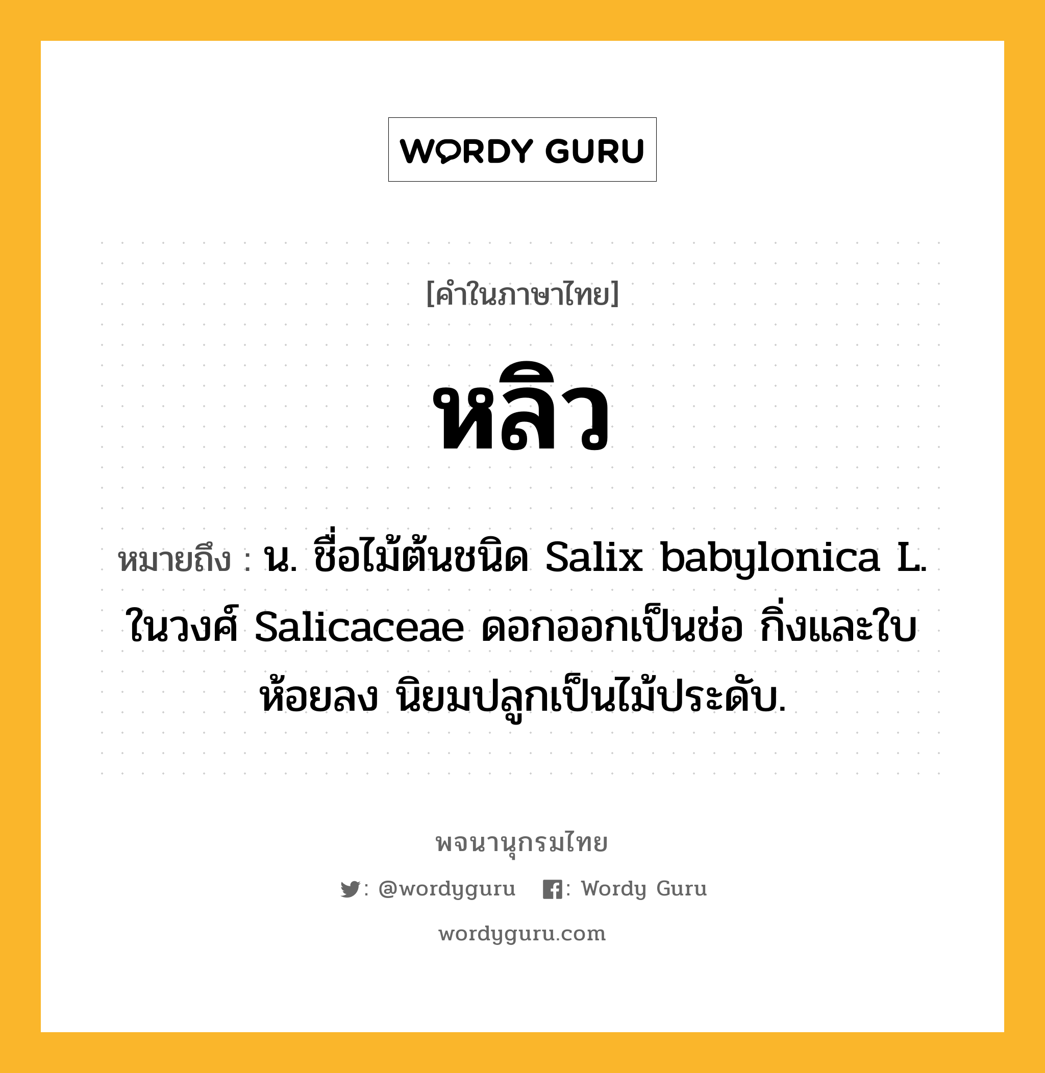 หลิว หมายถึงอะไร?, คำในภาษาไทย หลิว หมายถึง น. ชื่อไม้ต้นชนิด Salix babylonica L. ในวงศ์ Salicaceae ดอกออกเป็นช่อ กิ่งและใบห้อยลง นิยมปลูกเป็นไม้ประดับ.