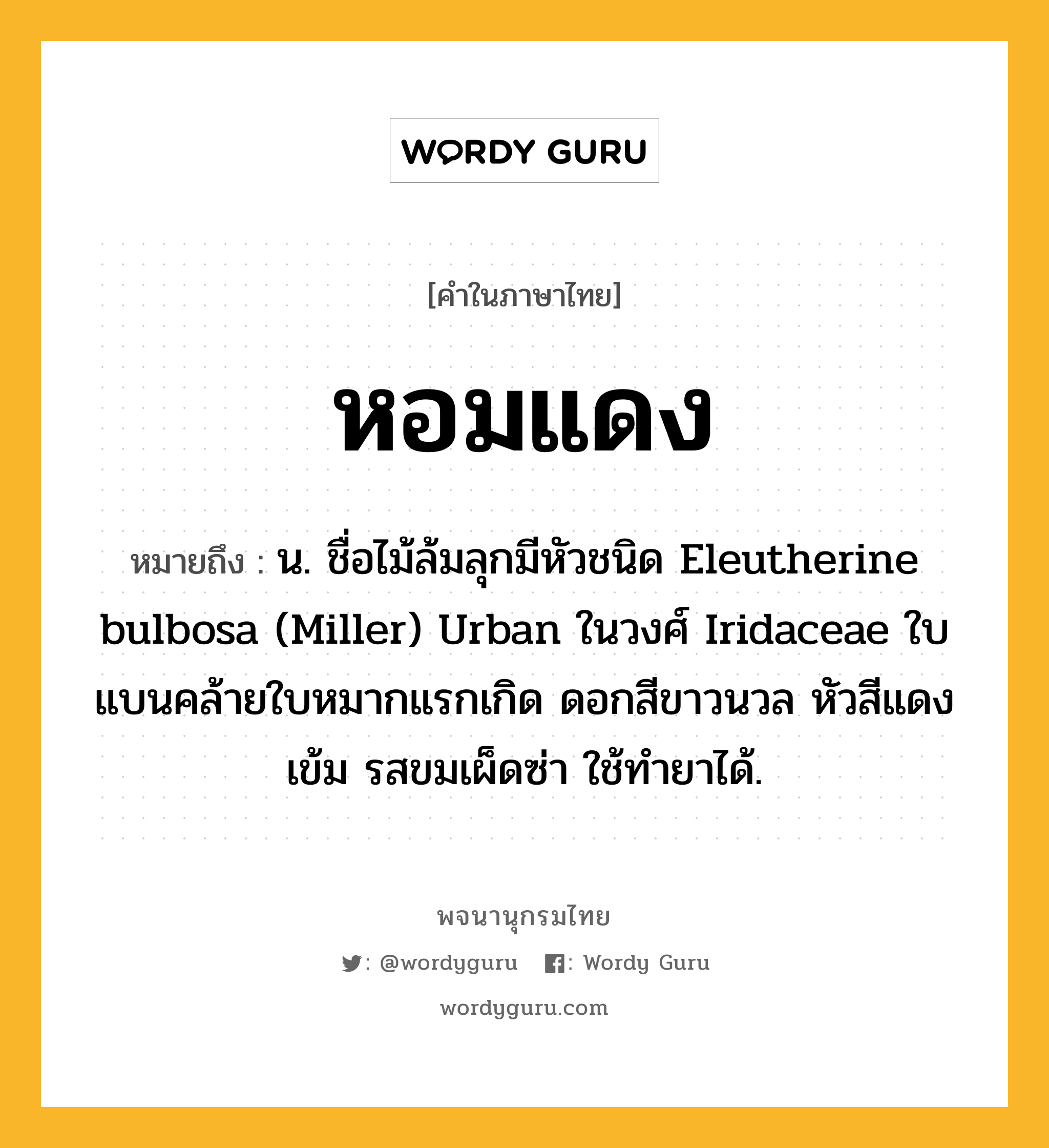 หอมแดง หมายถึงอะไร?, คำในภาษาไทย หอมแดง หมายถึง น. ชื่อไม้ล้มลุกมีหัวชนิด Eleutherine bulbosa (Miller) Urban ในวงศ์ Iridaceae ใบแบนคล้ายใบหมากแรกเกิด ดอกสีขาวนวล หัวสีแดงเข้ม รสขมเผ็ดซ่า ใช้ทํายาได้.