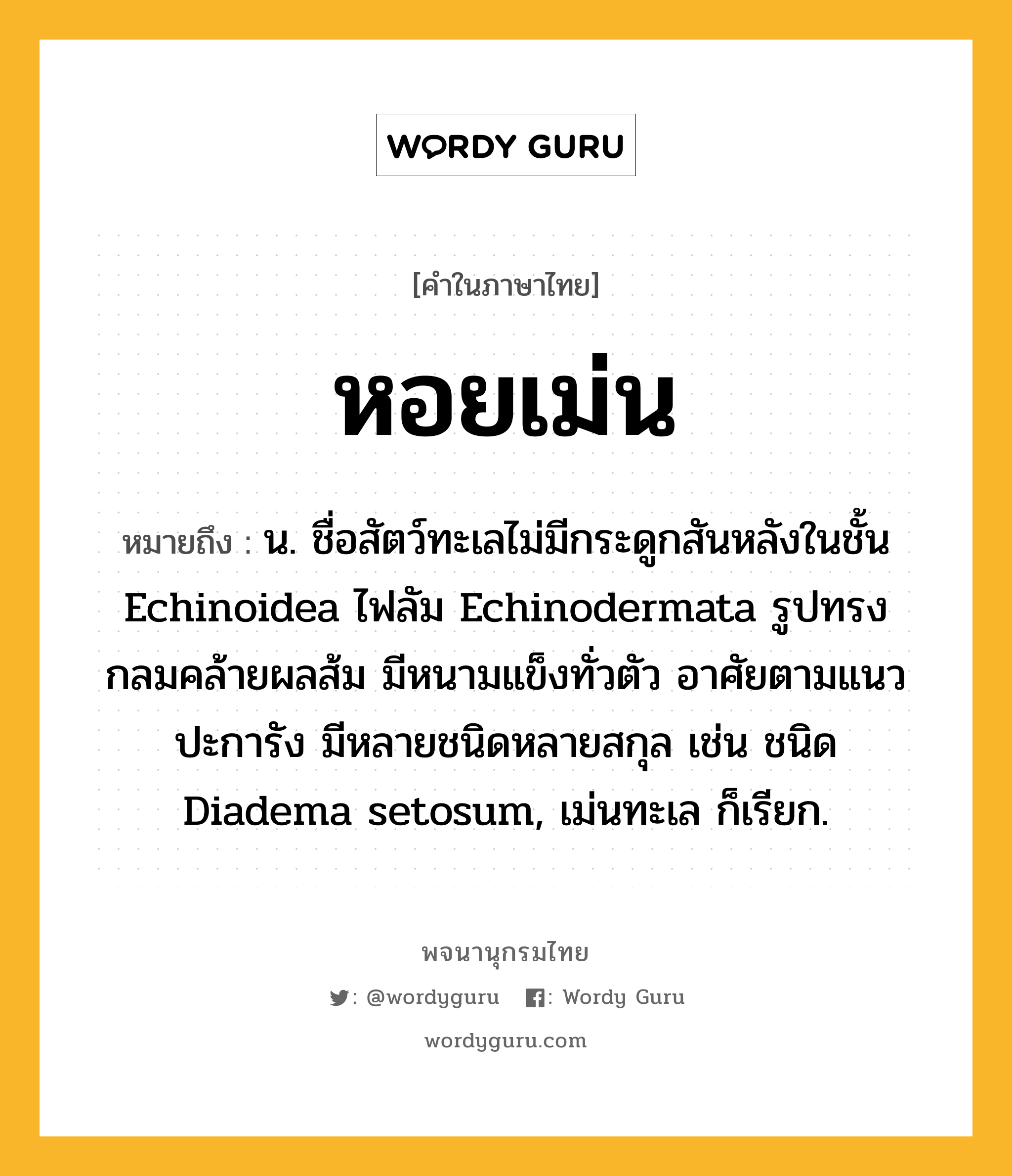 หอยเม่น หมายถึงอะไร?, คำในภาษาไทย หอยเม่น หมายถึง น. ชื่อสัตว์ทะเลไม่มีกระดูกสันหลังในชั้น Echinoidea ไฟลัม Echinodermata รูปทรงกลมคล้ายผลส้ม มีหนามแข็งทั่วตัว อาศัยตามแนวปะการัง มีหลายชนิดหลายสกุล เช่น ชนิด Diadema setosum, เม่นทะเล ก็เรียก.