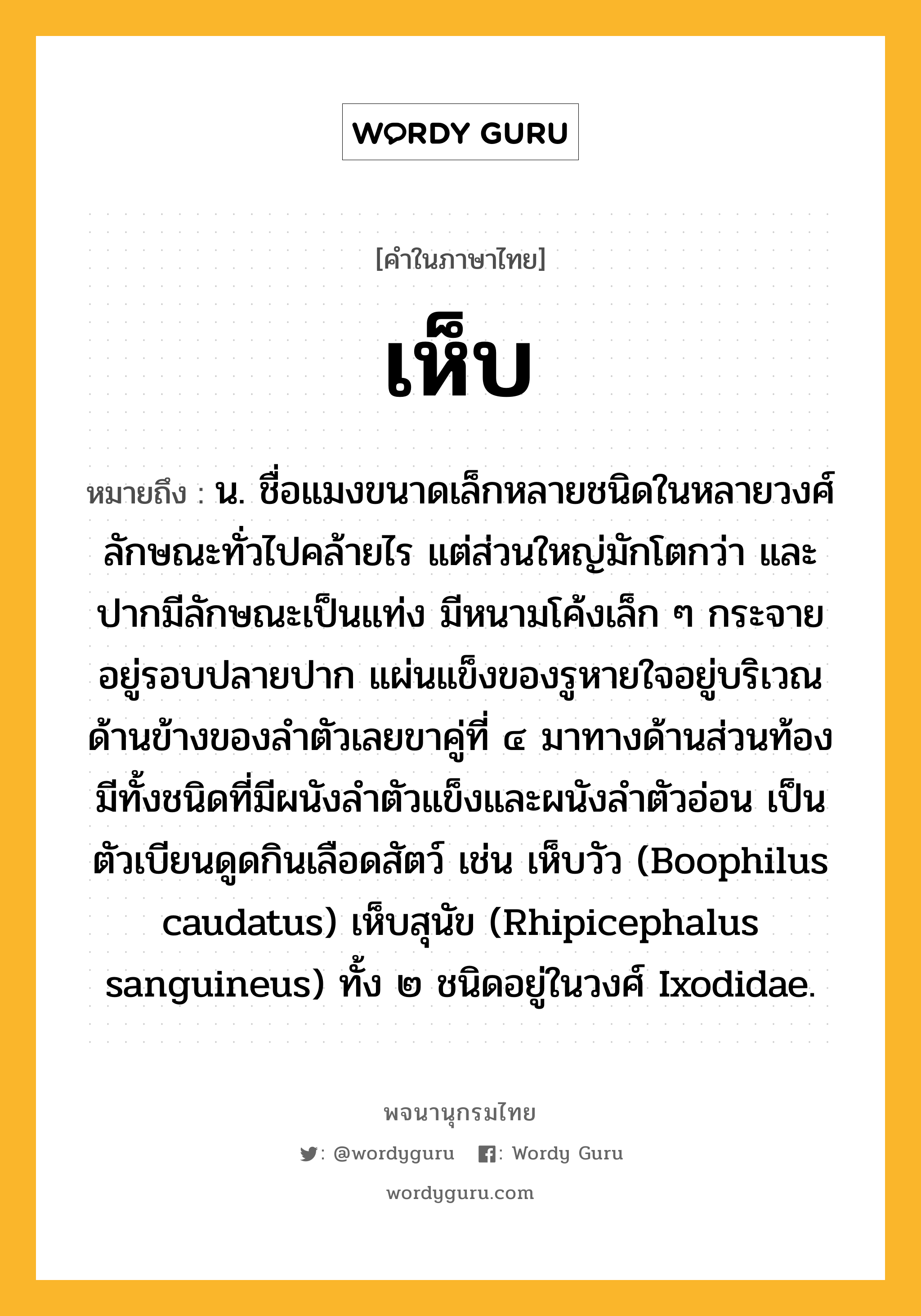 เห็บ หมายถึงอะไร?, คำในภาษาไทย เห็บ หมายถึง น. ชื่อแมงขนาดเล็กหลายชนิดในหลายวงศ์ ลักษณะทั่วไปคล้ายไร แต่ส่วนใหญ่มักโตกว่า และปากมีลักษณะเป็นแท่ง มีหนามโค้งเล็ก ๆ กระจายอยู่รอบปลายปาก แผ่นแข็งของรูหายใจอยู่บริเวณด้านข้างของลําตัวเลยขาคู่ที่ ๔ มาทางด้านส่วนท้อง มีทั้งชนิดที่มีผนังลําตัวแข็งและผนังลําตัวอ่อน เป็นตัวเบียนดูดกินเลือดสัตว์ เช่น เห็บวัว (Boophilus caudatus) เห็บสุนัข (Rhipicephalus sanguineus) ทั้ง ๒ ชนิดอยู่ในวงศ์ Ixodidae.