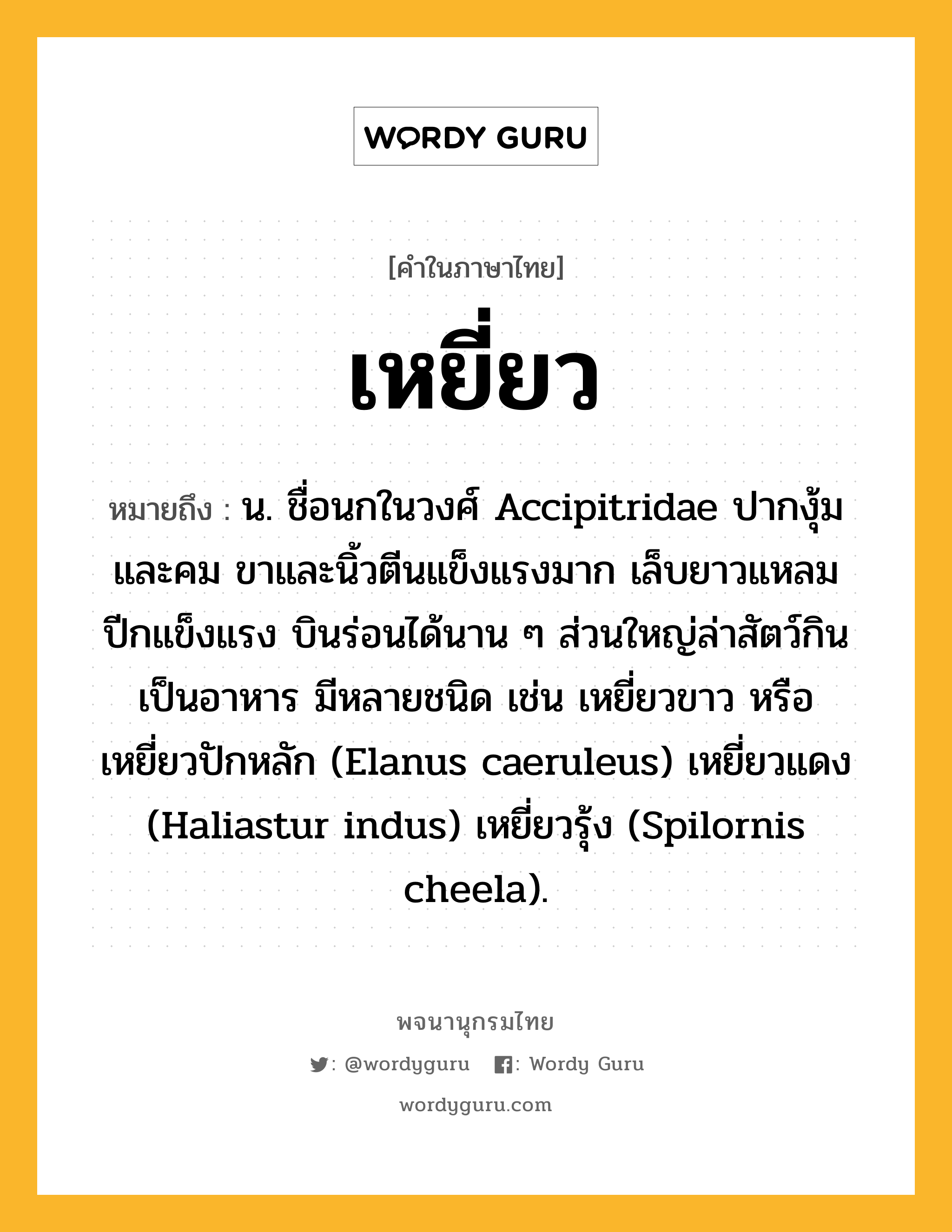 เหยี่ยว ความหมาย หมายถึงอะไร?, คำในภาษาไทย เหยี่ยว หมายถึง น. ชื่อนกในวงศ์ Accipitridae ปากงุ้มและคม ขาและนิ้วตีนแข็งแรงมาก เล็บยาวแหลม ปีกแข็งแรง บินร่อนได้นาน ๆ ส่วนใหญ่ล่าสัตว์กินเป็นอาหาร มีหลายชนิด เช่น เหยี่ยวขาว หรือ เหยี่ยวปักหลัก (Elanus caeruleus) เหยี่ยวแดง (Haliastur indus) เหยี่ยวรุ้ง (Spilornis cheela).