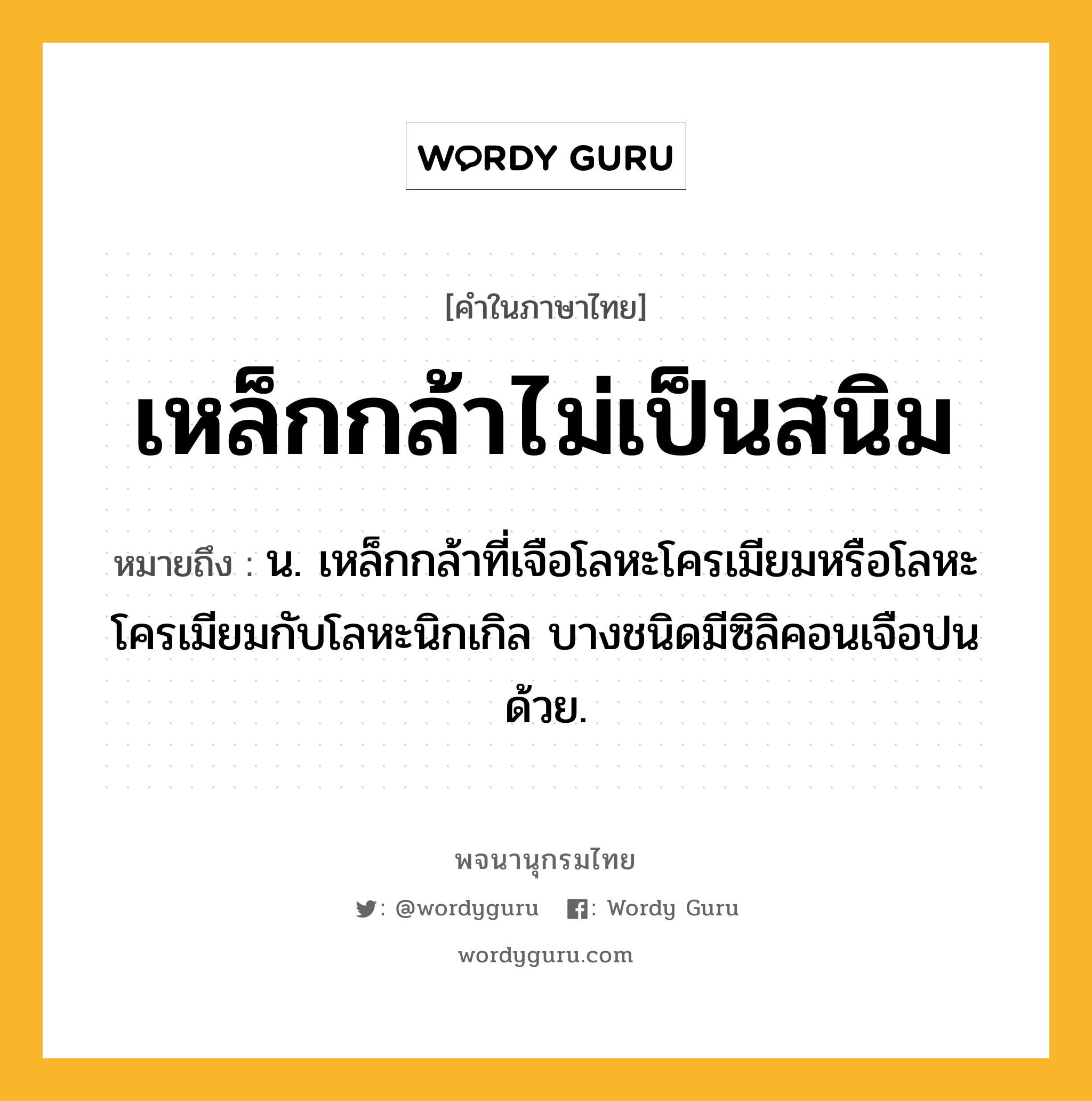 เหล็กกล้าไม่เป็นสนิม หมายถึงอะไร?, คำในภาษาไทย เหล็กกล้าไม่เป็นสนิม หมายถึง น. เหล็กกล้าที่เจือโลหะโครเมียมหรือโลหะโครเมียมกับโลหะนิกเกิล บางชนิดมีซิลิคอนเจือปนด้วย.