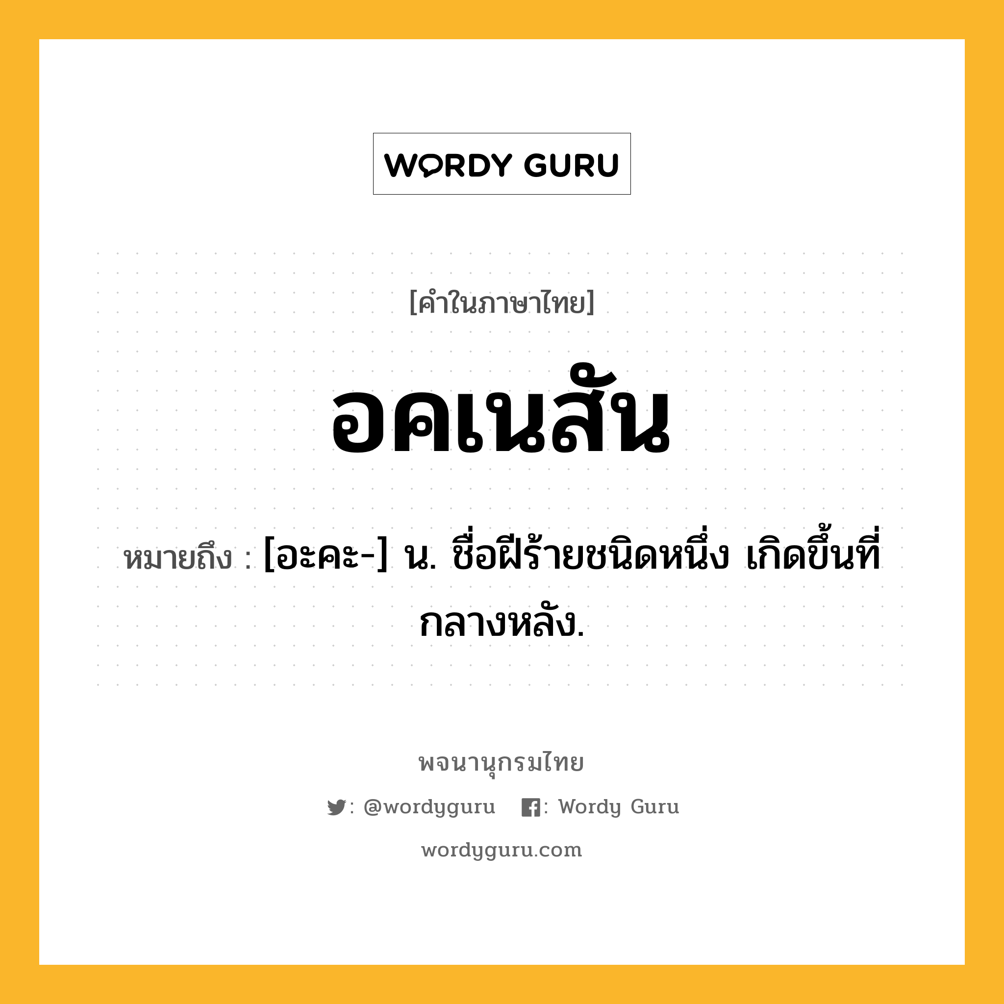 อคเนสัน หมายถึงอะไร?, คำในภาษาไทย อคเนสัน หมายถึง [อะคะ-] น. ชื่อฝีร้ายชนิดหนึ่ง เกิดขึ้นที่กลางหลัง.