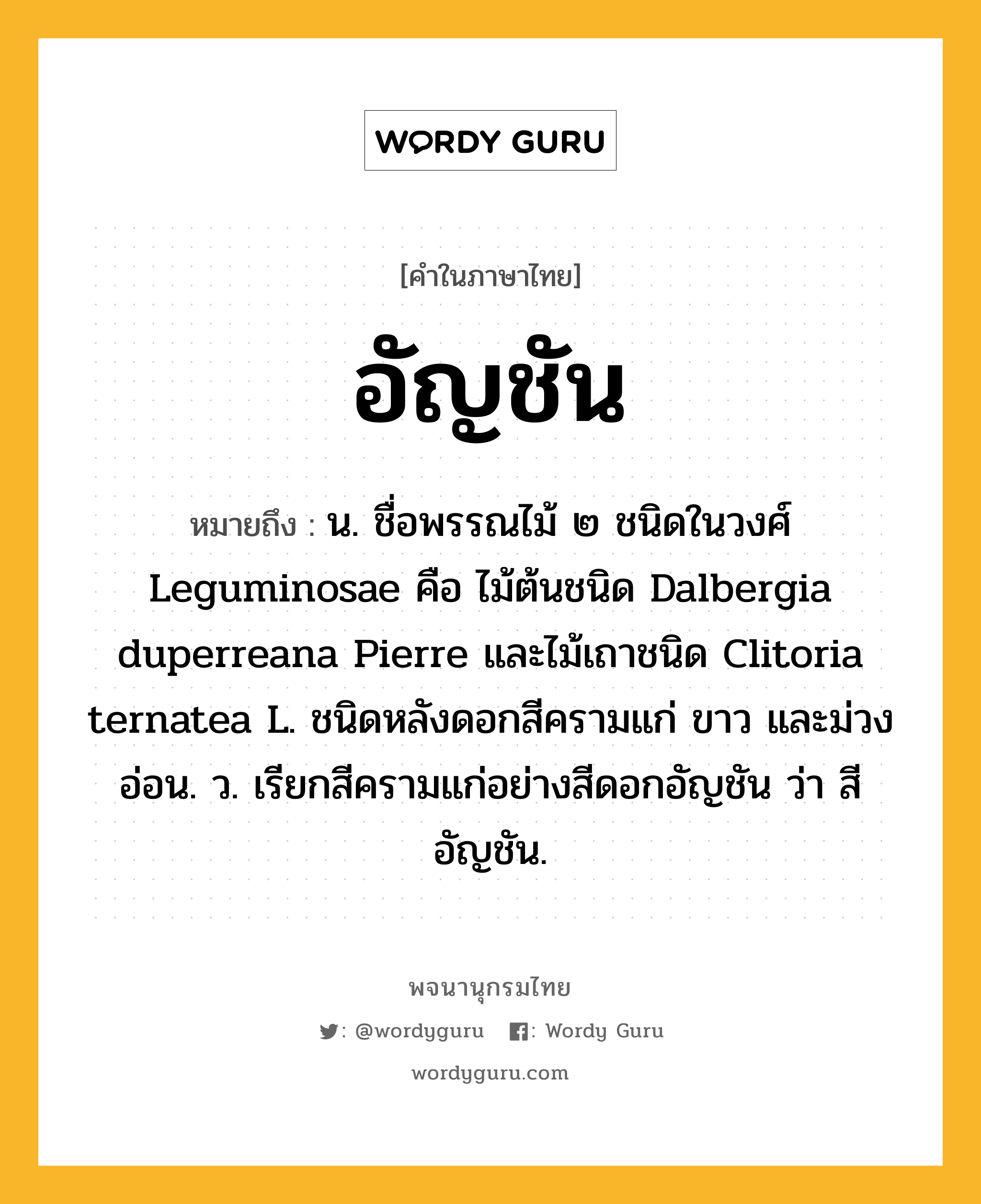 อัญชัน ความหมาย หมายถึงอะไร?, คำในภาษาไทย อัญชัน หมายถึง น. ชื่อพรรณไม้ ๒ ชนิดในวงศ์ Leguminosae คือ ไม้ต้นชนิด Dalbergia duperreana Pierre และไม้เถาชนิด Clitoria ternatea L. ชนิดหลังดอกสีครามแก่ ขาว และม่วงอ่อน. ว. เรียกสีครามแก่อย่างสีดอกอัญชัน ว่า สีอัญชัน.