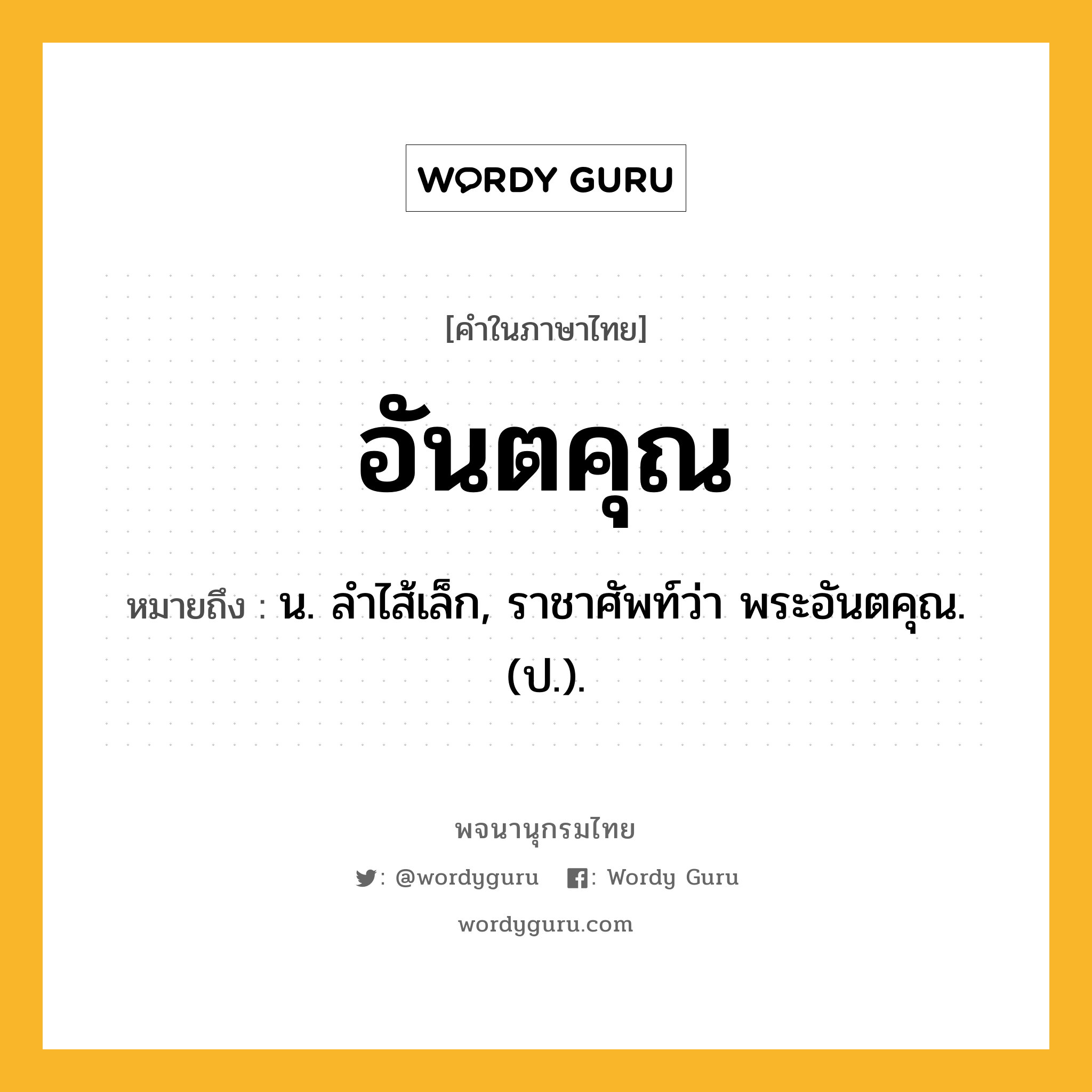 อันตคุณ หมายถึงอะไร?, คำในภาษาไทย อันตคุณ หมายถึง น. ลําไส้เล็ก, ราชาศัพท์ว่า พระอันตคุณ. (ป.).