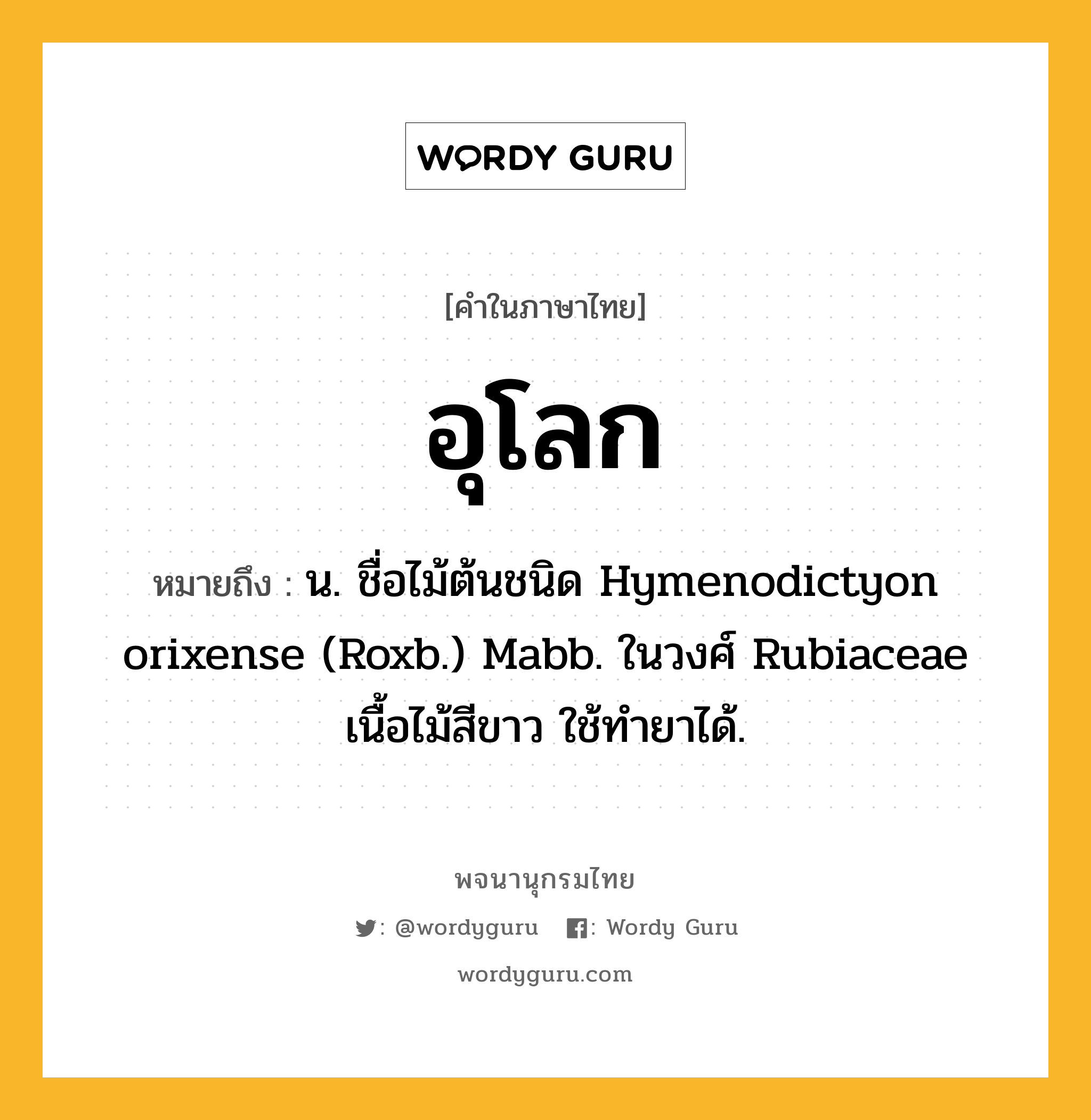 อุโลก ความหมาย หมายถึงอะไร?, คำในภาษาไทย อุโลก หมายถึง น. ชื่อไม้ต้นชนิด Hymenodictyon orixense (Roxb.) Mabb. ในวงศ์ Rubiaceae เนื้อไม้สีขาว ใช้ทํายาได้.