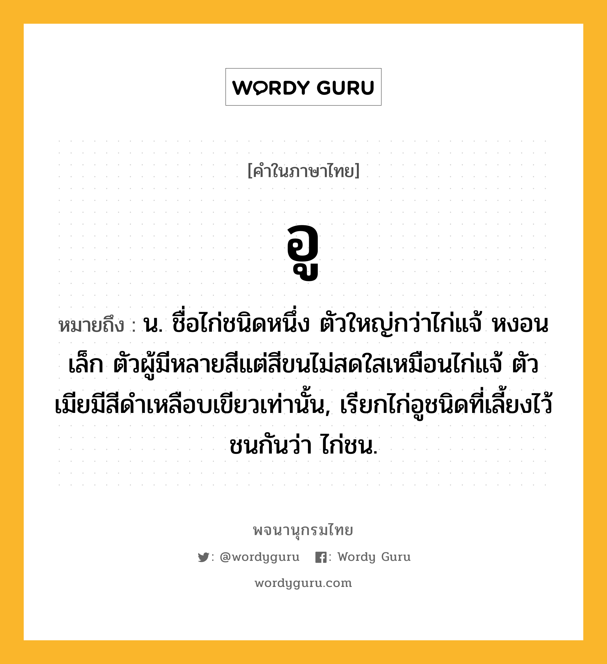 อู หมายถึงอะไร?, คำในภาษาไทย อู หมายถึง น. ชื่อไก่ชนิดหนึ่ง ตัวใหญ่กว่าไก่แจ้ หงอนเล็ก ตัวผู้มีหลายสีแต่สีขนไม่สดใสเหมือนไก่แจ้ ตัวเมียมีสีดําเหลือบเขียวเท่านั้น, เรียกไก่อูชนิดที่เลี้ยงไว้ชนกันว่า ไก่ชน.