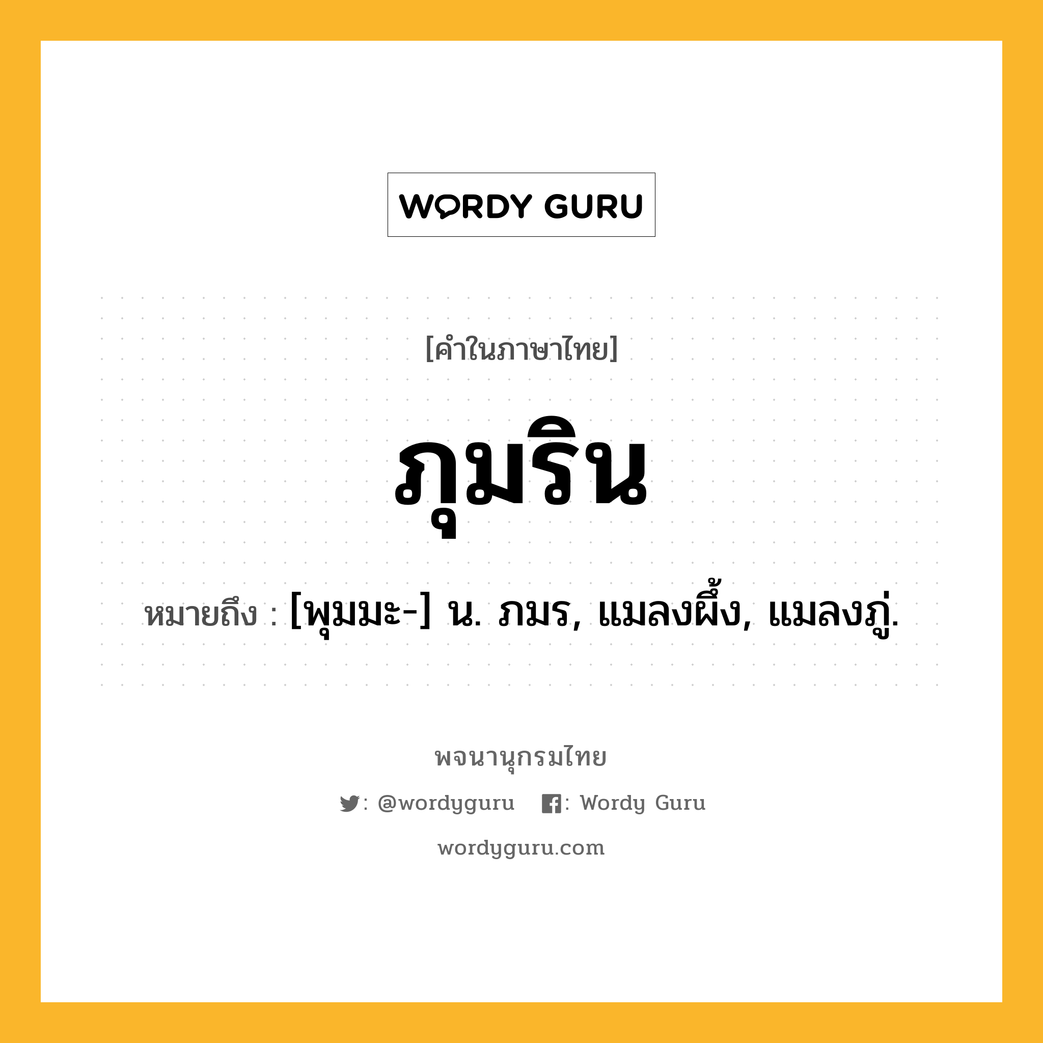 ภุมริน หมายถึงอะไร?, คำในภาษาไทย ภุมริน หมายถึง [พุมมะ-] น. ภมร, แมลงผึ้ง, แมลงภู่.