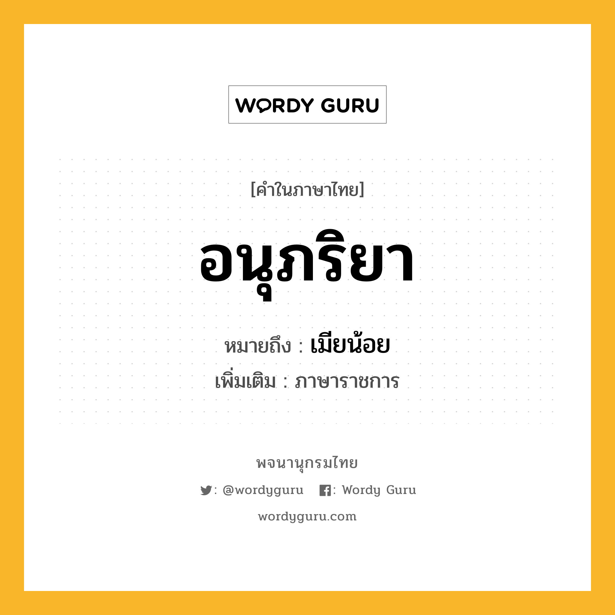 อนุภริยา ความหมาย หมายถึงอะไร?, คำในภาษาไทย อนุภริยา หมายถึง เมียน้อย ประเภท คำนาม เพิ่มเติม ภาษาราชการ หมวด คำนาม