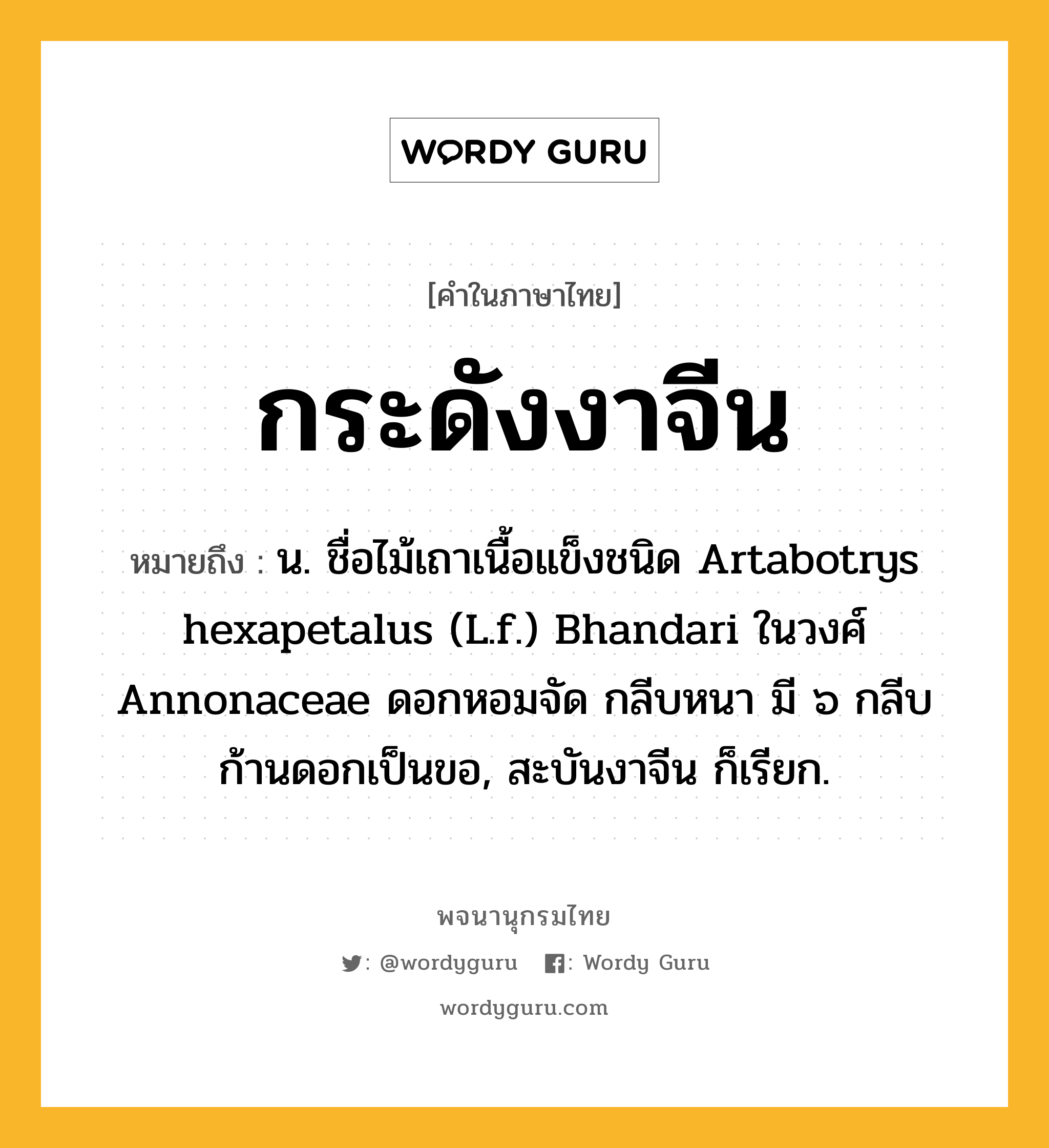 กระดังงาจีน หมายถึงอะไร?, คำในภาษาไทย กระดังงาจีน หมายถึง น. ชื่อไม้เถาเนื้อแข็งชนิด Artabotrys hexapetalus (L.f.) Bhandari ในวงศ์ Annonaceae ดอกหอมจัด กลีบหนา มี ๖ กลีบ ก้านดอกเป็นขอ, สะบันงาจีน ก็เรียก.