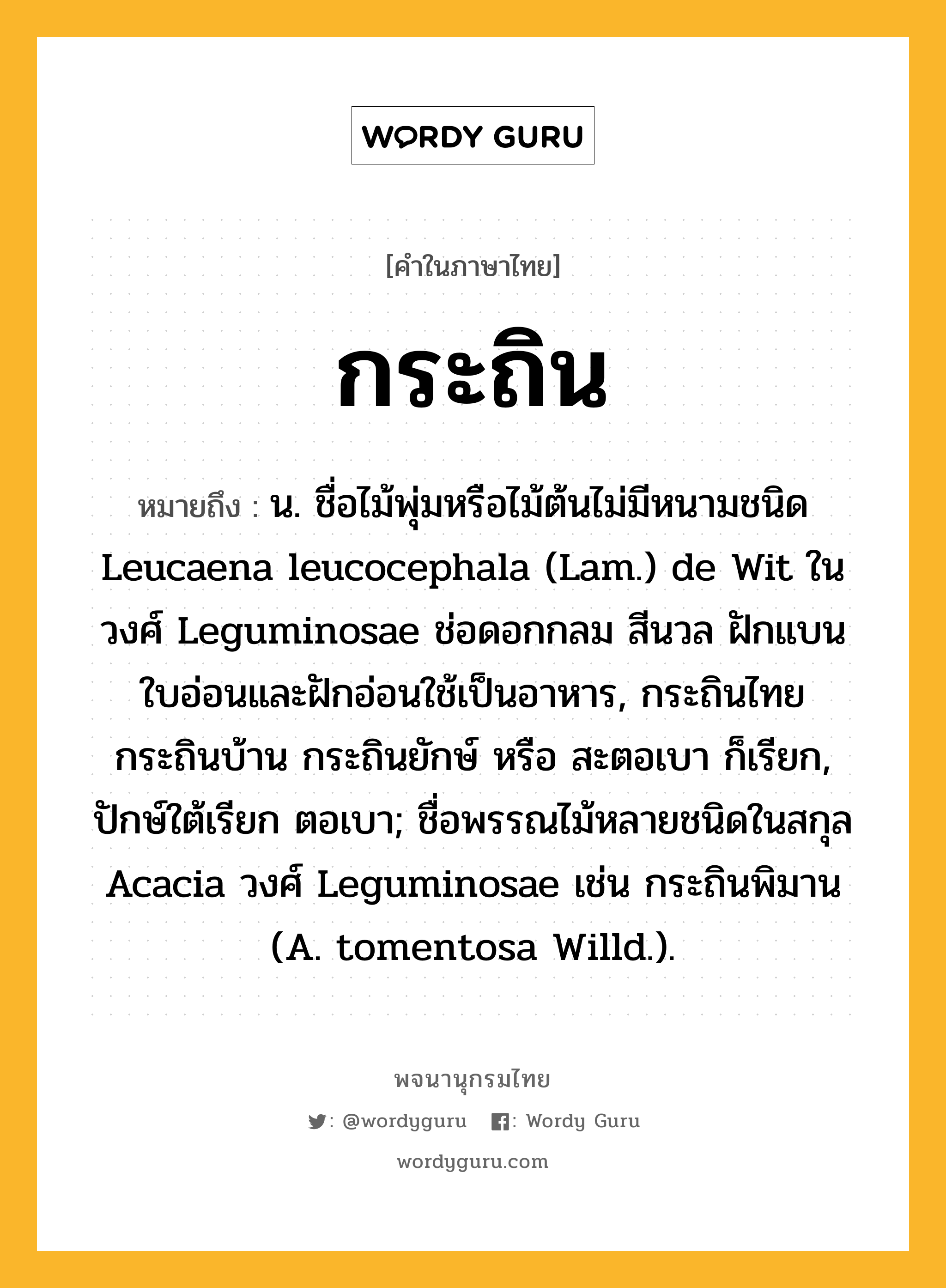 กระถิน หมายถึงอะไร?, คำในภาษาไทย กระถิน หมายถึง น. ชื่อไม้พุ่มหรือไม้ต้นไม่มีหนามชนิด Leucaena leucocephala (Lam.) de Wit ในวงศ์ Leguminosae ช่อดอกกลม สีนวล ฝักแบน ใบอ่อนและฝักอ่อนใช้เป็นอาหาร, กระถินไทย กระถินบ้าน กระถินยักษ์ หรือ สะตอเบา ก็เรียก, ปักษ์ใต้เรียก ตอเบา; ชื่อพรรณไม้หลายชนิดในสกุล Acacia วงศ์ Leguminosae เช่น กระถินพิมาน (A. tomentosa Willd.).