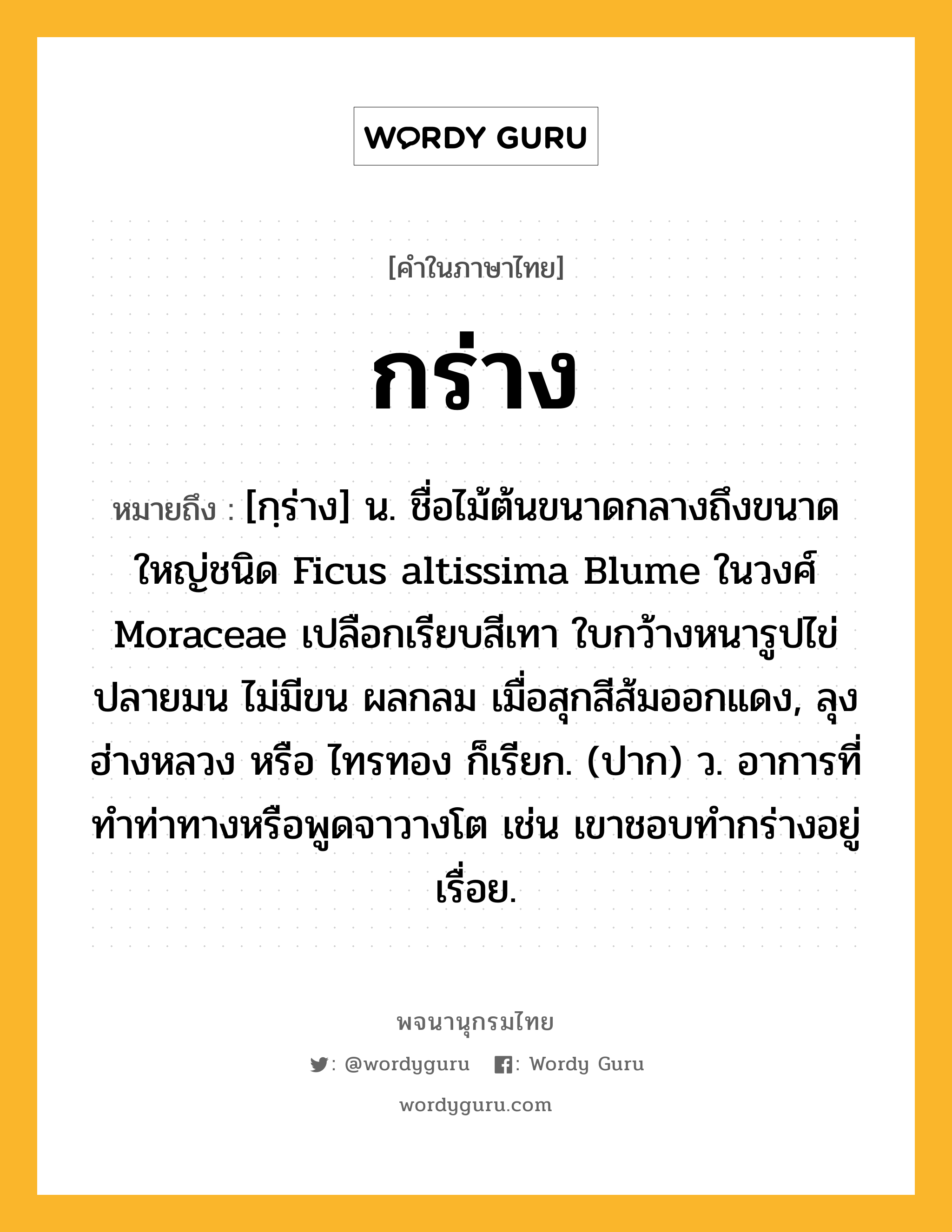 กร่าง หมายถึงอะไร?, คำในภาษาไทย กร่าง หมายถึง [กฺร่าง] น. ชื่อไม้ต้นขนาดกลางถึงขนาดใหญ่ชนิด Ficus altissima Blume ในวงศ์ Moraceae เปลือกเรียบสีเทา ใบกว้างหนารูปไข่ ปลายมน ไม่มีขน ผลกลม เมื่อสุกสีส้มออกแดง, ลุง ฮ่างหลวง หรือ ไทรทอง ก็เรียก. (ปาก) ว. อาการที่ทำท่าทางหรือพูดจาวางโต เช่น เขาชอบทำกร่างอยู่เรื่อย.