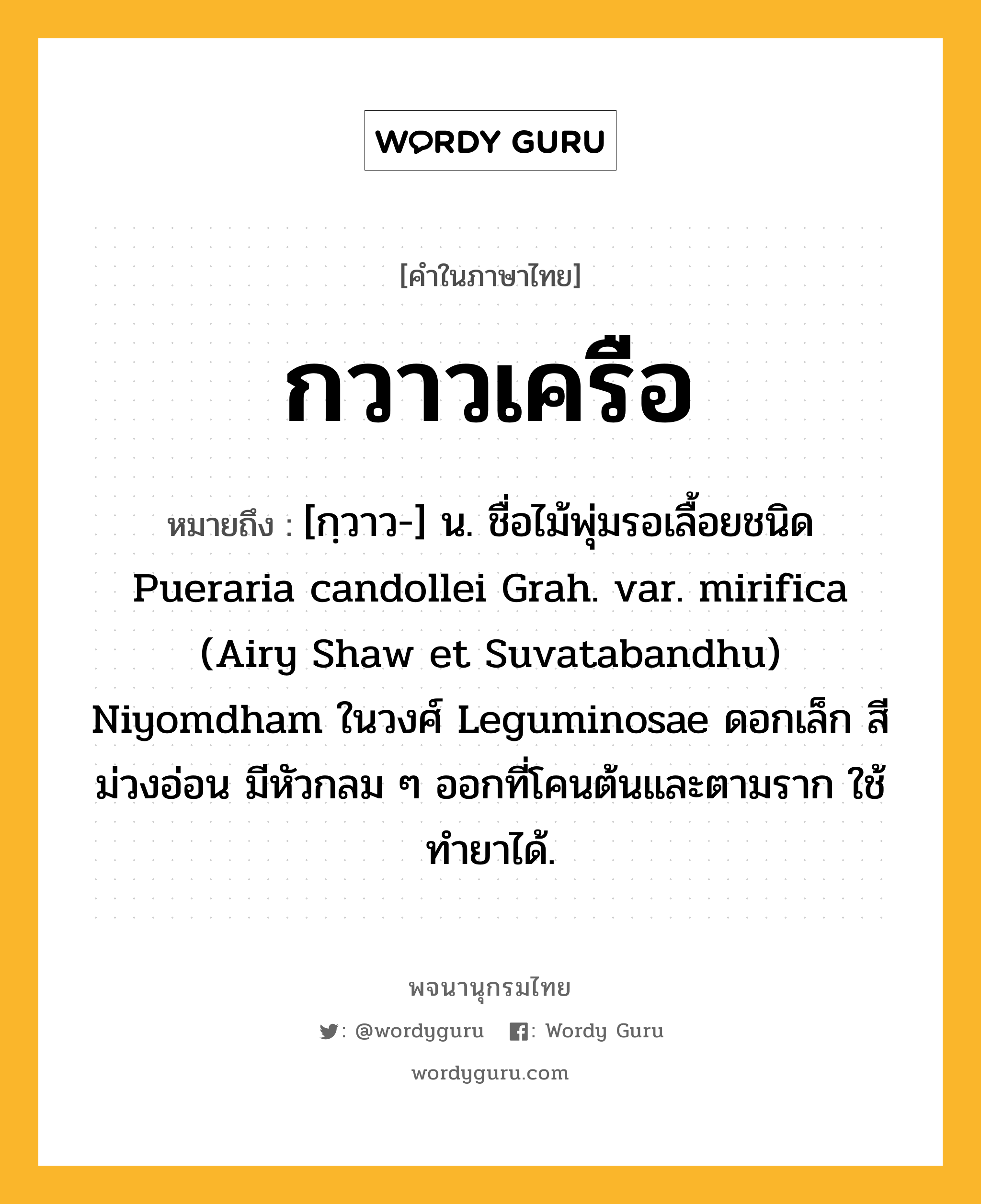 กวาวเครือ หมายถึงอะไร?, คำในภาษาไทย กวาวเครือ หมายถึง [กฺวาว-] น. ชื่อไม้พุ่มรอเลื้อยชนิด Pueraria candollei Grah. var. mirifica (Airy Shaw et Suvatabandhu) Niyomdham ในวงศ์ Leguminosae ดอกเล็ก สีม่วงอ่อน มีหัวกลม ๆ ออกที่โคนต้นและตามราก ใช้ทํายาได้.