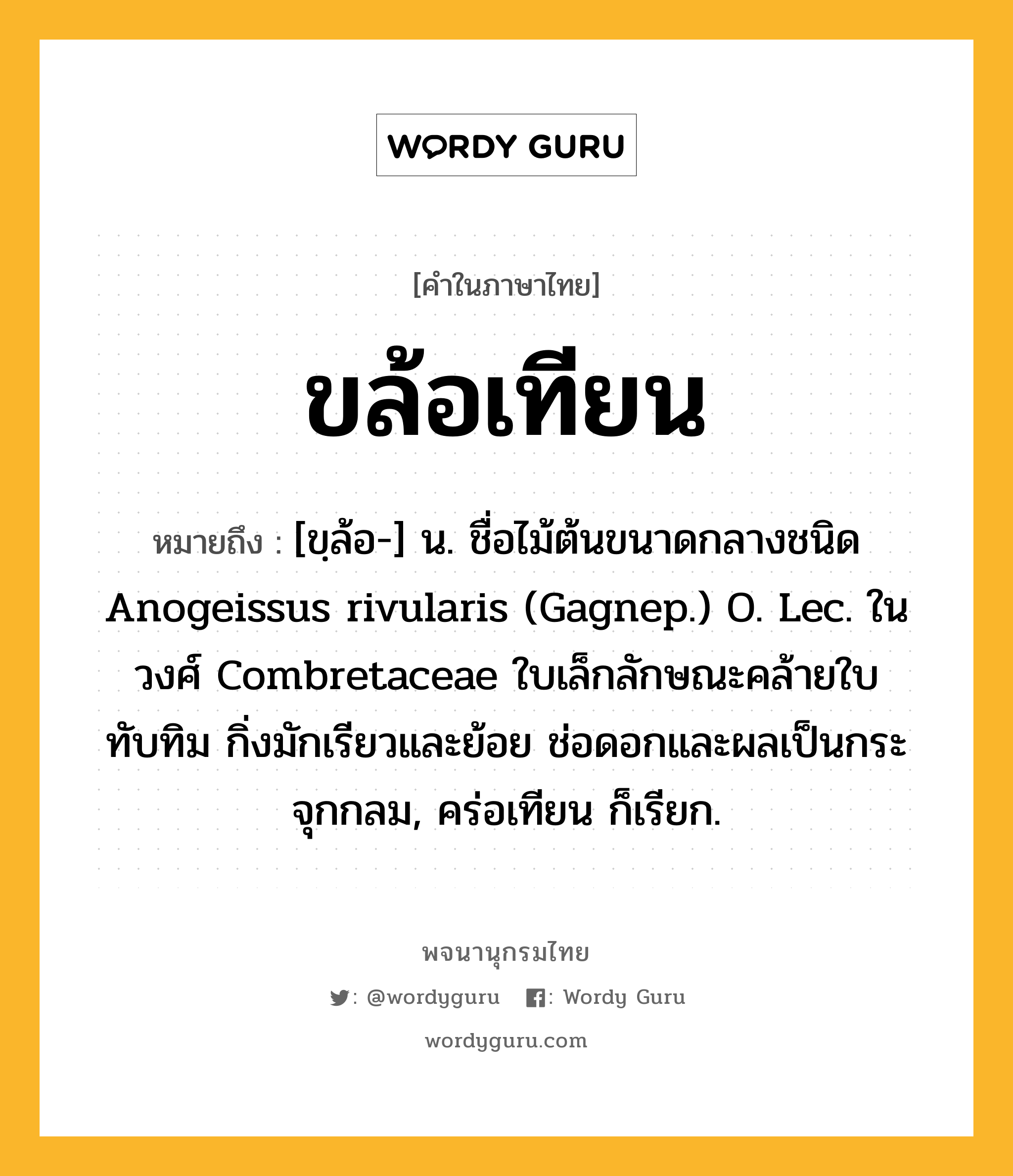 ขล้อเทียน หมายถึงอะไร?, คำในภาษาไทย ขล้อเทียน หมายถึง [ขฺล้อ-] น. ชื่อไม้ต้นขนาดกลางชนิด Anogeissus rivularis (Gagnep.) O. Lec. ในวงศ์ Combretaceae ใบเล็กลักษณะคล้ายใบทับทิม กิ่งมักเรียวและย้อย ช่อดอกและผลเป็นกระจุกกลม, คร่อเทียน ก็เรียก.