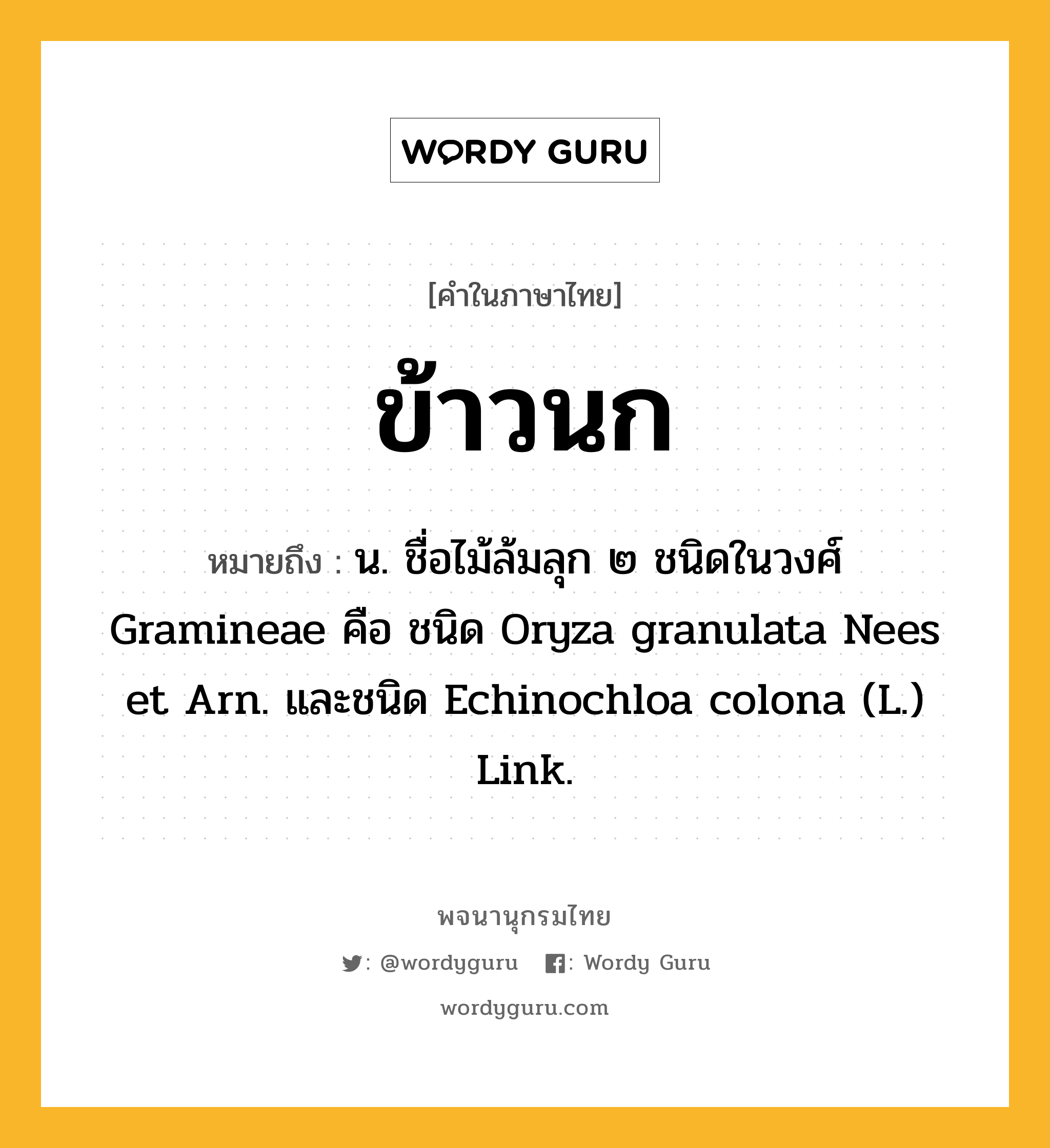 ข้าวนก หมายถึงอะไร?, คำในภาษาไทย ข้าวนก หมายถึง น. ชื่อไม้ล้มลุก ๒ ชนิดในวงศ์ Gramineae คือ ชนิด Oryza granulata Nees et Arn. และชนิด Echinochloa colona (L.) Link.