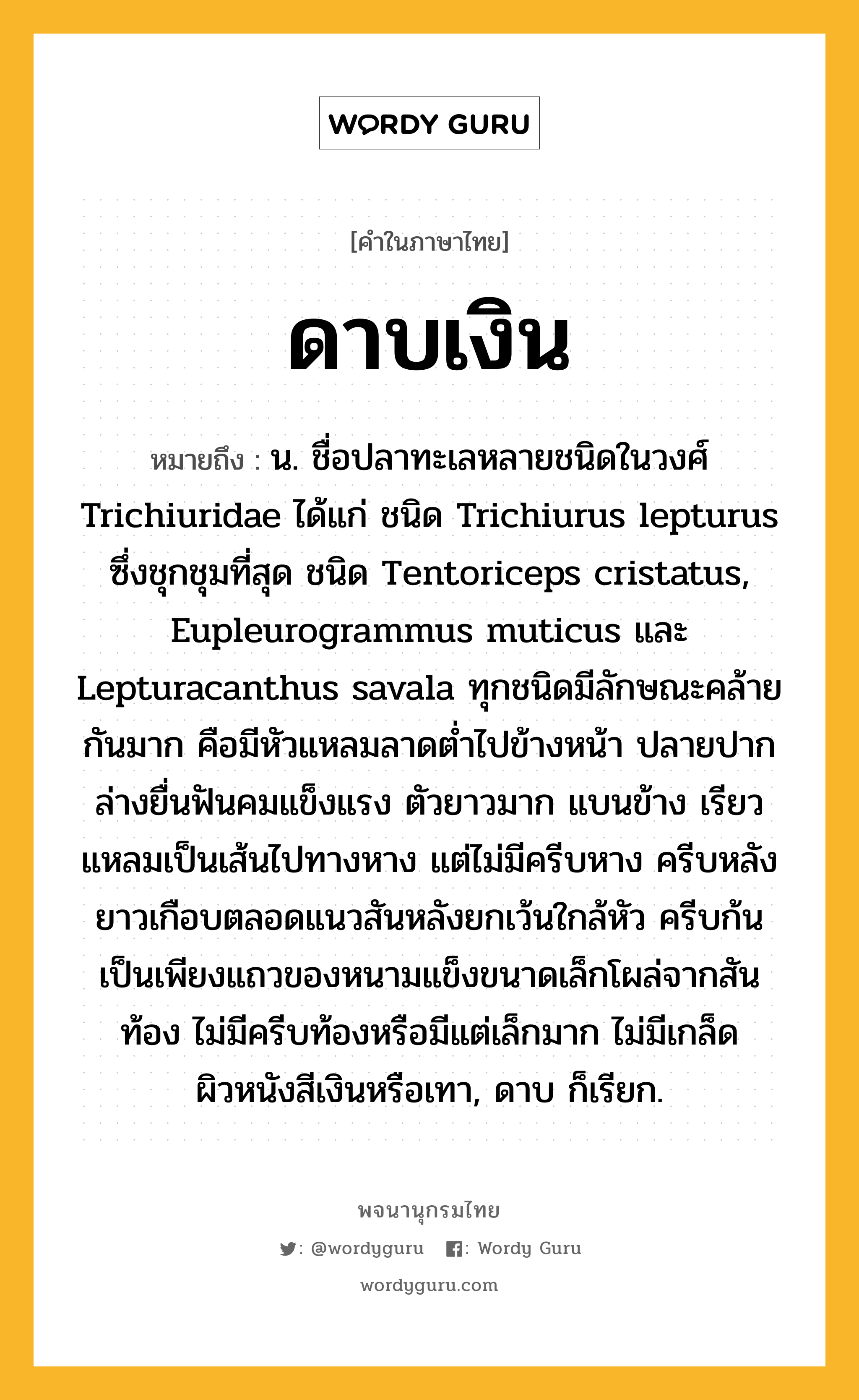 ดาบเงิน หมายถึงอะไร?, คำในภาษาไทย ดาบเงิน หมายถึง น. ชื่อปลาทะเลหลายชนิดในวงศ์ Trichiuridae ได้แก่ ชนิด Trichiurus lepturus ซึ่งชุกชุมที่สุด ชนิด Tentoriceps cristatus, Eupleurogrammus muticus และ Lepturacanthus savala ทุกชนิดมีลักษณะคล้ายกันมาก คือมีหัวแหลมลาดตํ่าไปข้างหน้า ปลายปากล่างยื่นฟันคมแข็งแรง ตัวยาวมาก แบนข้าง เรียวแหลมเป็นเส้นไปทางหาง แต่ไม่มีครีบหาง ครีบหลังยาวเกือบตลอดแนวสันหลังยกเว้นใกล้หัว ครีบก้นเป็นเพียงแถวของหนามแข็งขนาดเล็กโผล่จากสันท้อง ไม่มีครีบท้องหรือมีแต่เล็กมาก ไม่มีเกล็ด ผิวหนังสีเงินหรือเทา, ดาบ ก็เรียก.