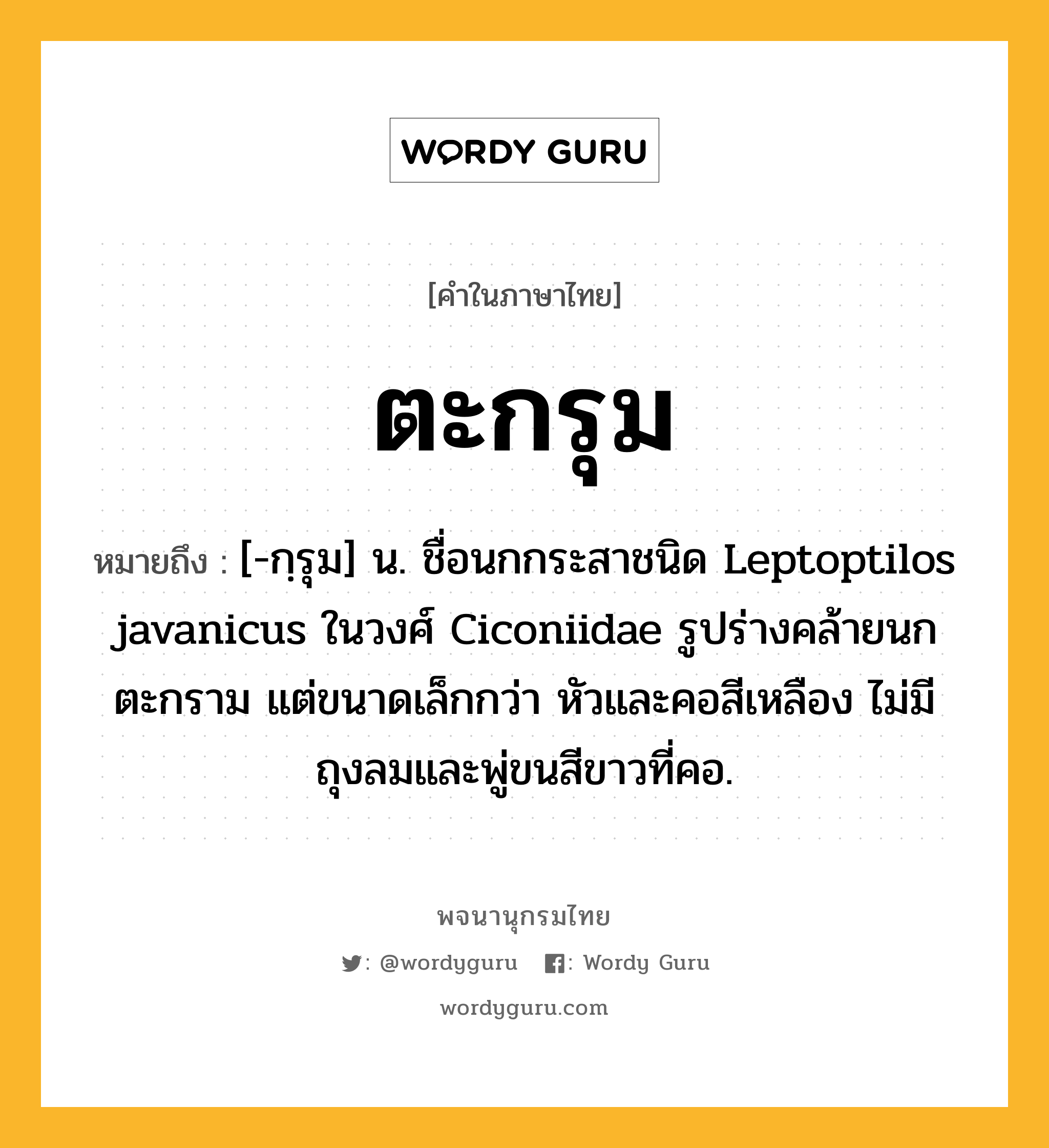 ตะกรุม หมายถึงอะไร?, คำในภาษาไทย ตะกรุม หมายถึง [-กฺรุม] น. ชื่อนกกระสาชนิด Leptoptilos javanicus ในวงศ์ Ciconiidae รูปร่างคล้ายนกตะกราม แต่ขนาดเล็กกว่า หัวและคอสีเหลือง ไม่มีถุงลมและพู่ขนสีขาวที่คอ.