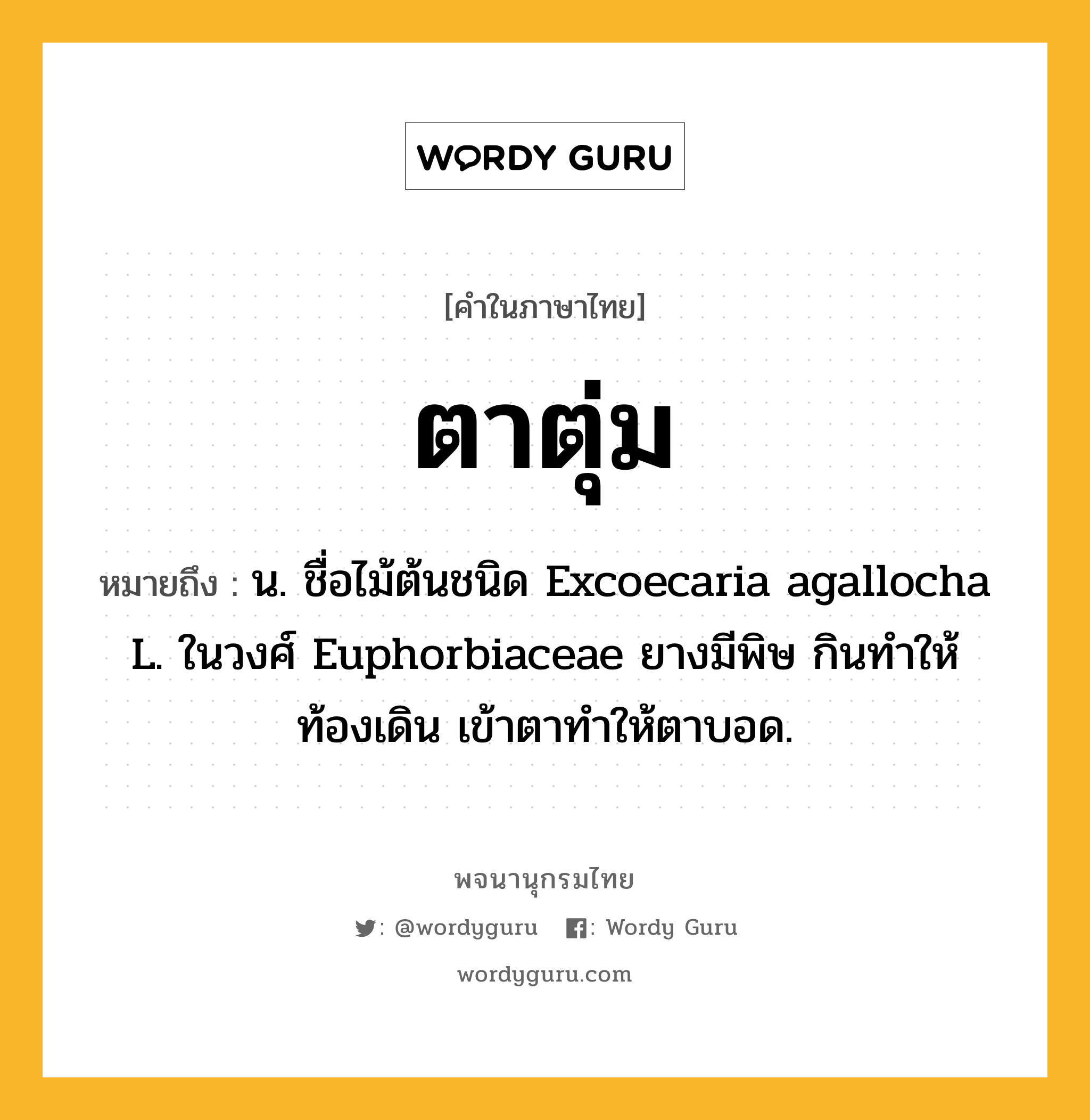 ตาตุ่ม หมายถึงอะไร?, คำในภาษาไทย ตาตุ่ม หมายถึง น. ชื่อไม้ต้นชนิด Excoecaria agallocha L. ในวงศ์ Euphorbiaceae ยางมีพิษ กินทําให้ท้องเดิน เข้าตาทําให้ตาบอด.