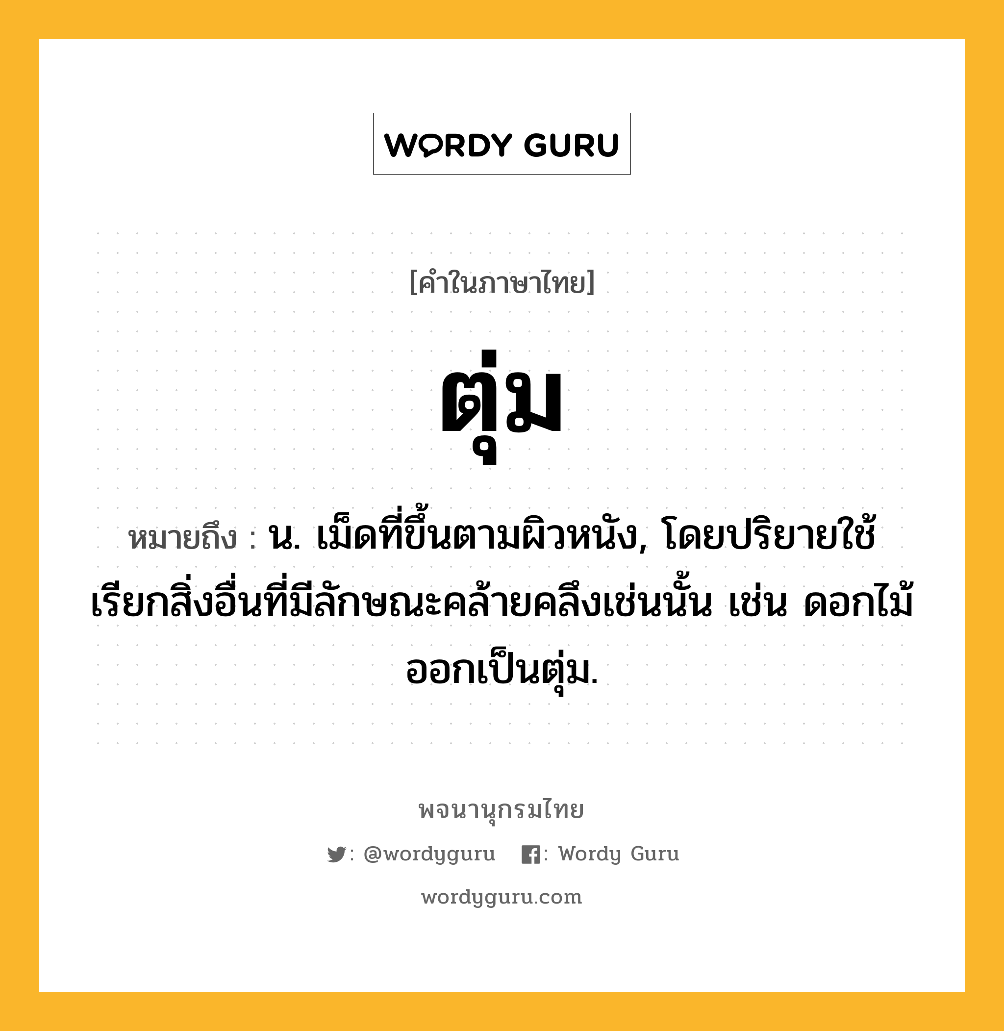 ตุ่ม หมายถึงอะไร?, คำในภาษาไทย ตุ่ม หมายถึง น. เม็ดที่ขึ้นตามผิวหนัง, โดยปริยายใช้เรียกสิ่งอื่นที่มีลักษณะคล้ายคลึงเช่นนั้น เช่น ดอกไม้ออกเป็นตุ่ม.