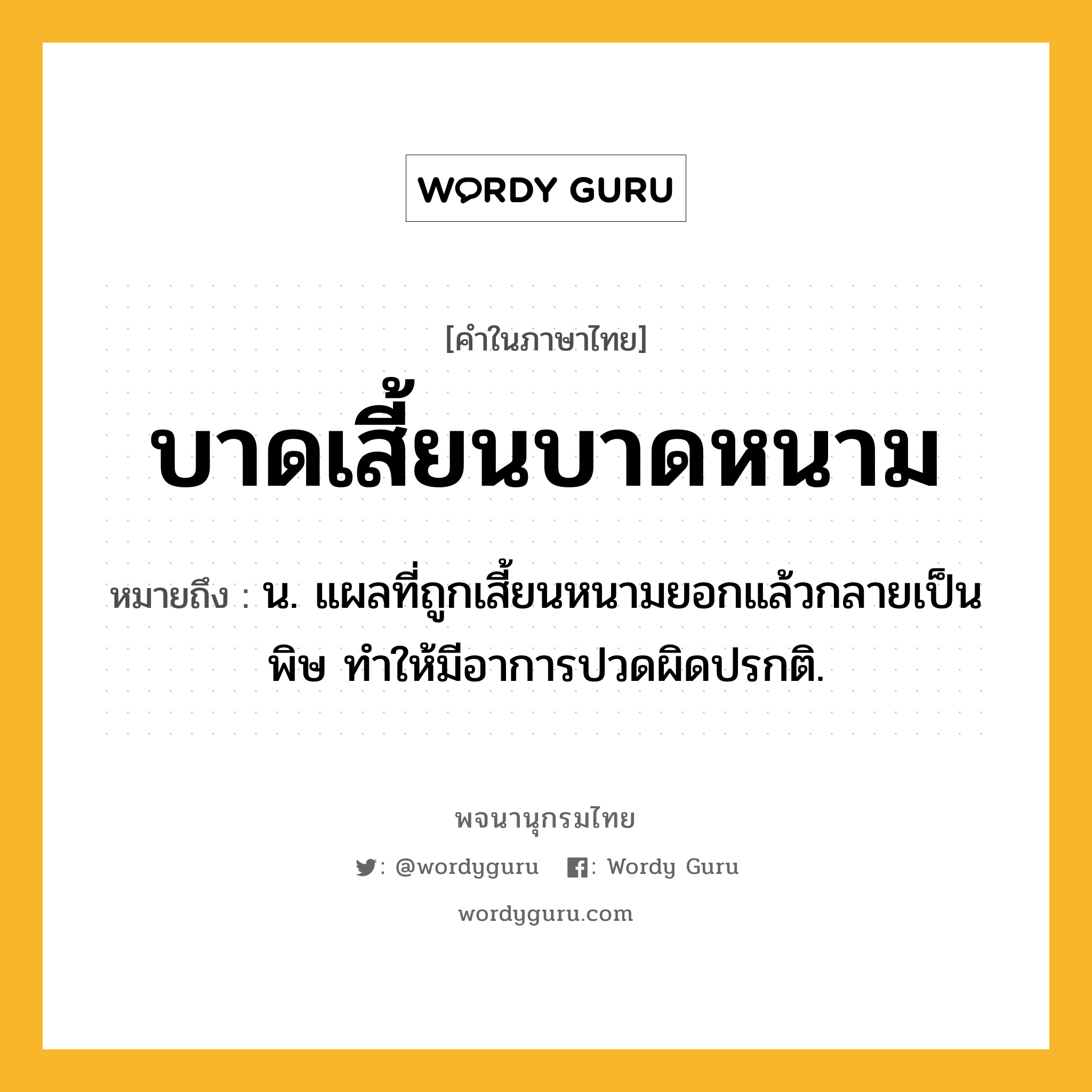 บาดเสี้ยนบาดหนาม หมายถึงอะไร?, คำในภาษาไทย บาดเสี้ยนบาดหนาม หมายถึง น. แผลที่ถูกเสี้ยนหนามยอกแล้วกลายเป็นพิษ ทําให้มีอาการปวดผิดปรกติ.