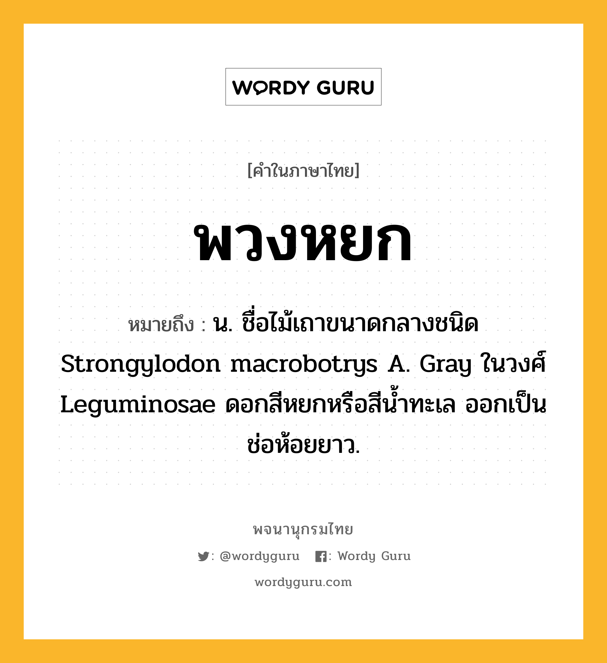 พวงหยก หมายถึงอะไร?, คำในภาษาไทย พวงหยก หมายถึง น. ชื่อไม้เถาขนาดกลางชนิด Strongylodon macrobotrys A. Gray ในวงศ์ Leguminosae ดอกสีหยกหรือสีนํ้าทะเล ออกเป็นช่อห้อยยาว.