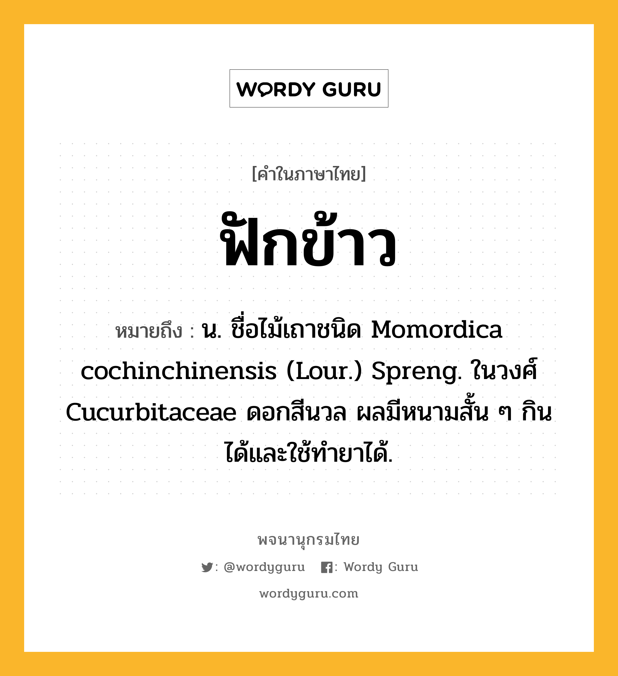 ฟักข้าว หมายถึงอะไร?, คำในภาษาไทย ฟักข้าว หมายถึง น. ชื่อไม้เถาชนิด Momordica cochinchinensis (Lour.) Spreng. ในวงศ์ Cucurbitaceae ดอกสีนวล ผลมีหนามสั้น ๆ กินได้และใช้ทํายาได้.