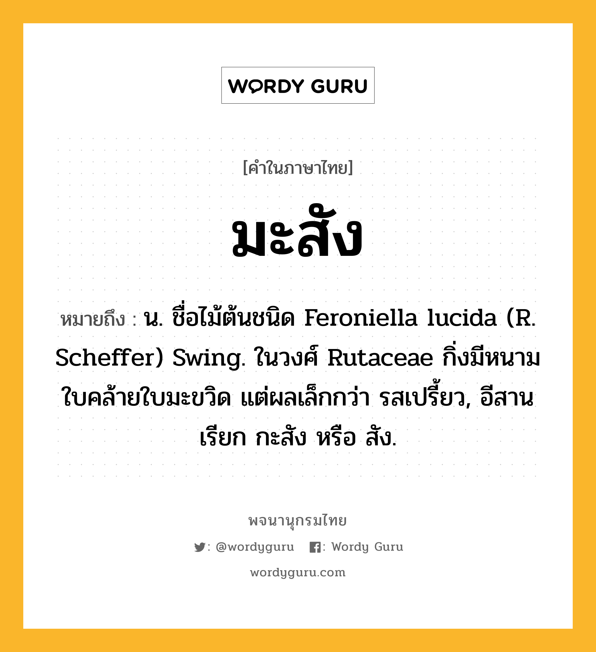 มะสัง หมายถึงอะไร?, คำในภาษาไทย มะสัง หมายถึง น. ชื่อไม้ต้นชนิด Feroniella lucida (R. Scheffer) Swing. ในวงศ์ Rutaceae กิ่งมีหนาม ใบคล้ายใบมะขวิด แต่ผลเล็กกว่า รสเปรี้ยว, อีสานเรียก กะสัง หรือ สัง.