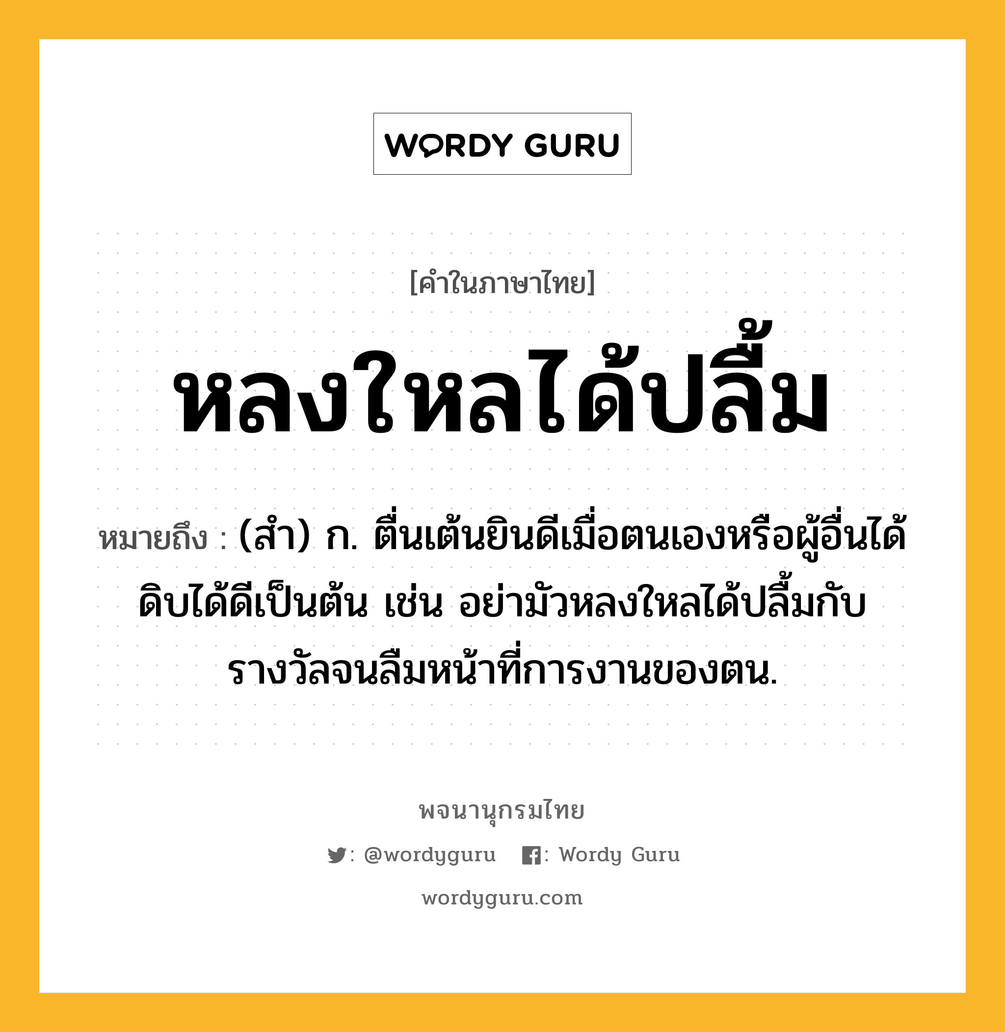 หลงใหลได้ปลื้ม หมายถึงอะไร?, คำในภาษาไทย หลงใหลได้ปลื้ม หมายถึง (สำ) ก. ตื่นเต้นยินดีเมื่อตนเองหรือผู้อื่นได้ดิบได้ดีเป็นต้น เช่น อย่ามัวหลงใหลได้ปลื้มกับรางวัลจนลืมหน้าที่การงานของตน.