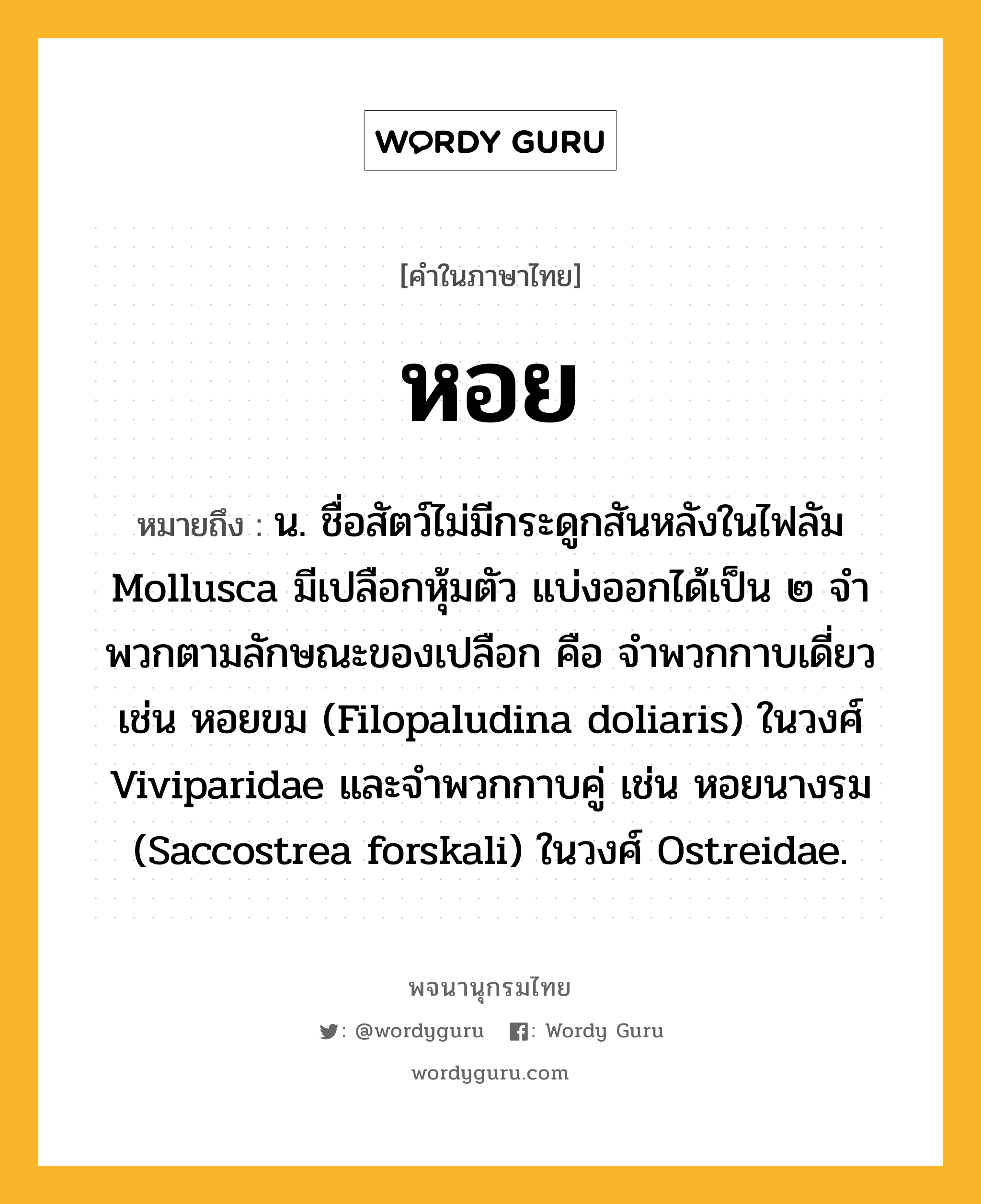 หอย หมายถึงอะไร?, คำในภาษาไทย หอย หมายถึง น. ชื่อสัตว์ไม่มีกระดูกสันหลังในไฟลัม Mollusca มีเปลือกหุ้มตัว แบ่งออกได้เป็น ๒ จําพวกตามลักษณะของเปลือก คือ จําพวกกาบเดี่ยว เช่น หอยขม (Filopaludina doliaris) ในวงศ์ Viviparidae และจําพวกกาบคู่ เช่น หอยนางรม (Saccostrea forskali) ในวงศ์ Ostreidae.