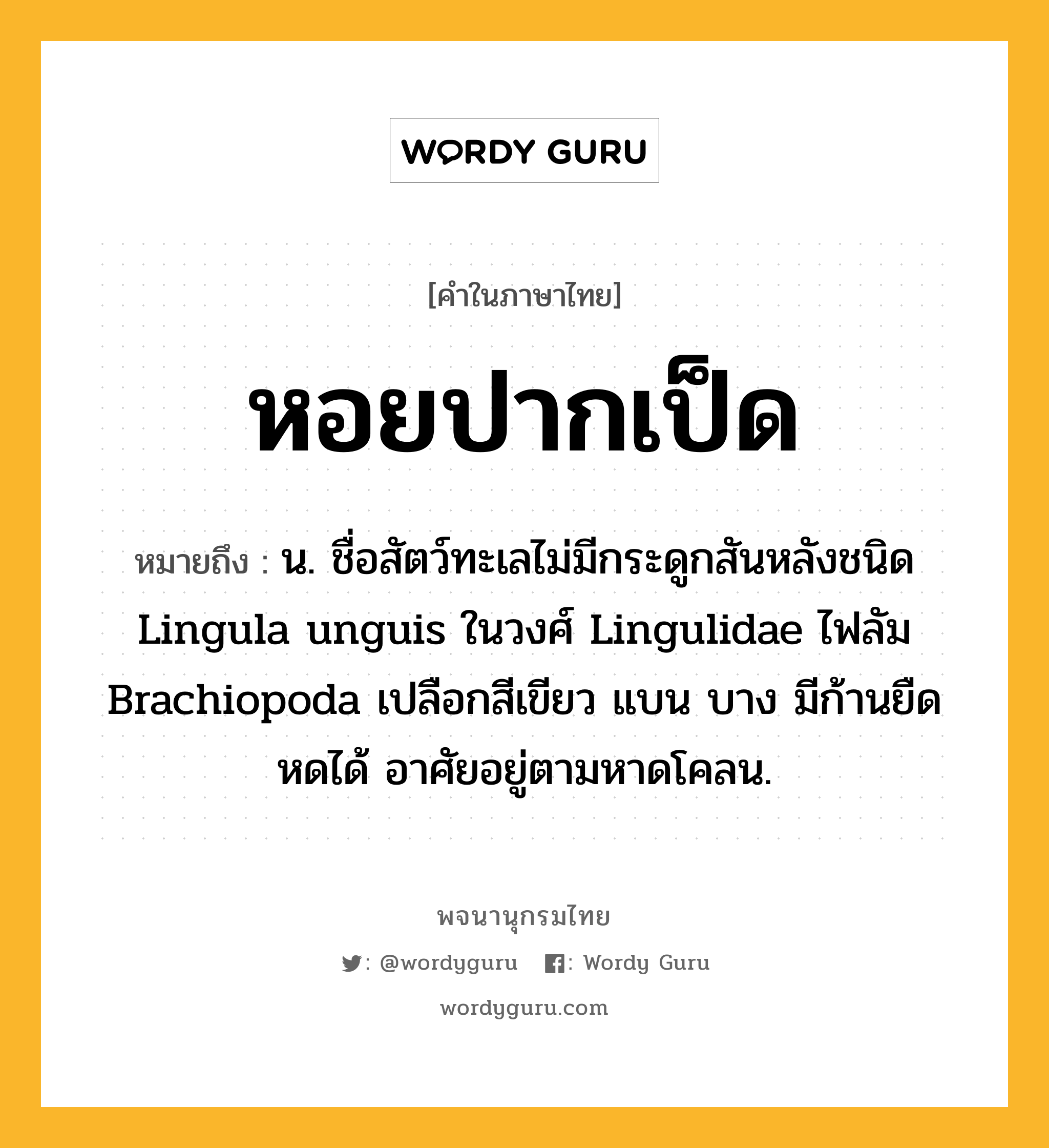 หอยปากเป็ด หมายถึงอะไร?, คำในภาษาไทย หอยปากเป็ด หมายถึง น. ชื่อสัตว์ทะเลไม่มีกระดูกสันหลังชนิด Lingula unguis ในวงศ์ Lingulidae ไฟลัม Brachiopoda เปลือกสีเขียว แบน บาง มีก้านยืดหดได้ อาศัยอยู่ตามหาดโคลน.