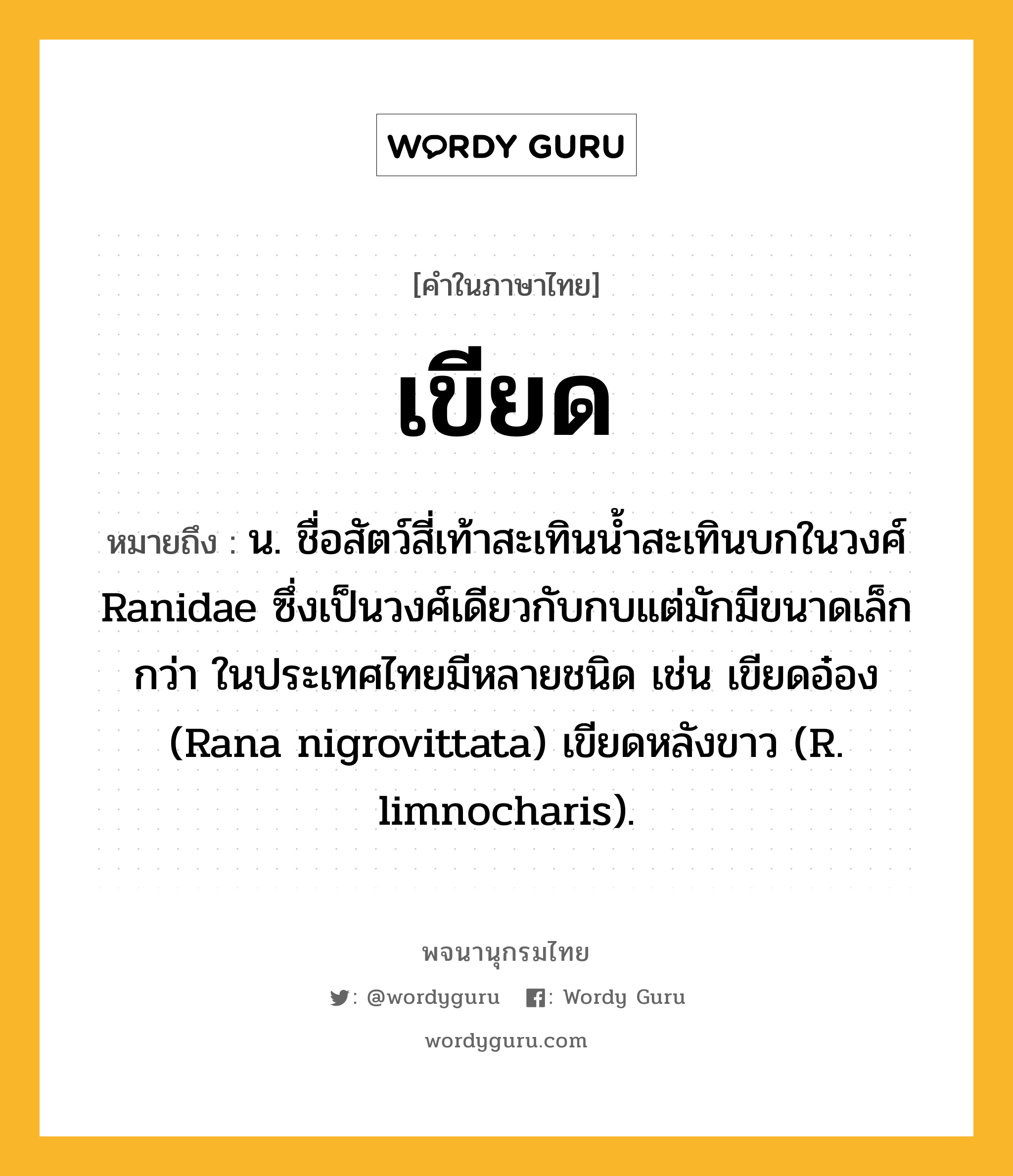 เขียด หมายถึงอะไร?, คำในภาษาไทย เขียด หมายถึง น. ชื่อสัตว์สี่เท้าสะเทินนํ้าสะเทินบกในวงศ์ Ranidae ซึ่งเป็นวงศ์เดียวกับกบแต่มักมีขนาดเล็กกว่า ในประเทศไทยมีหลายชนิด เช่น เขียดอ๋อง (Rana nigrovittata) เขียดหลังขาว (R. limnocharis).