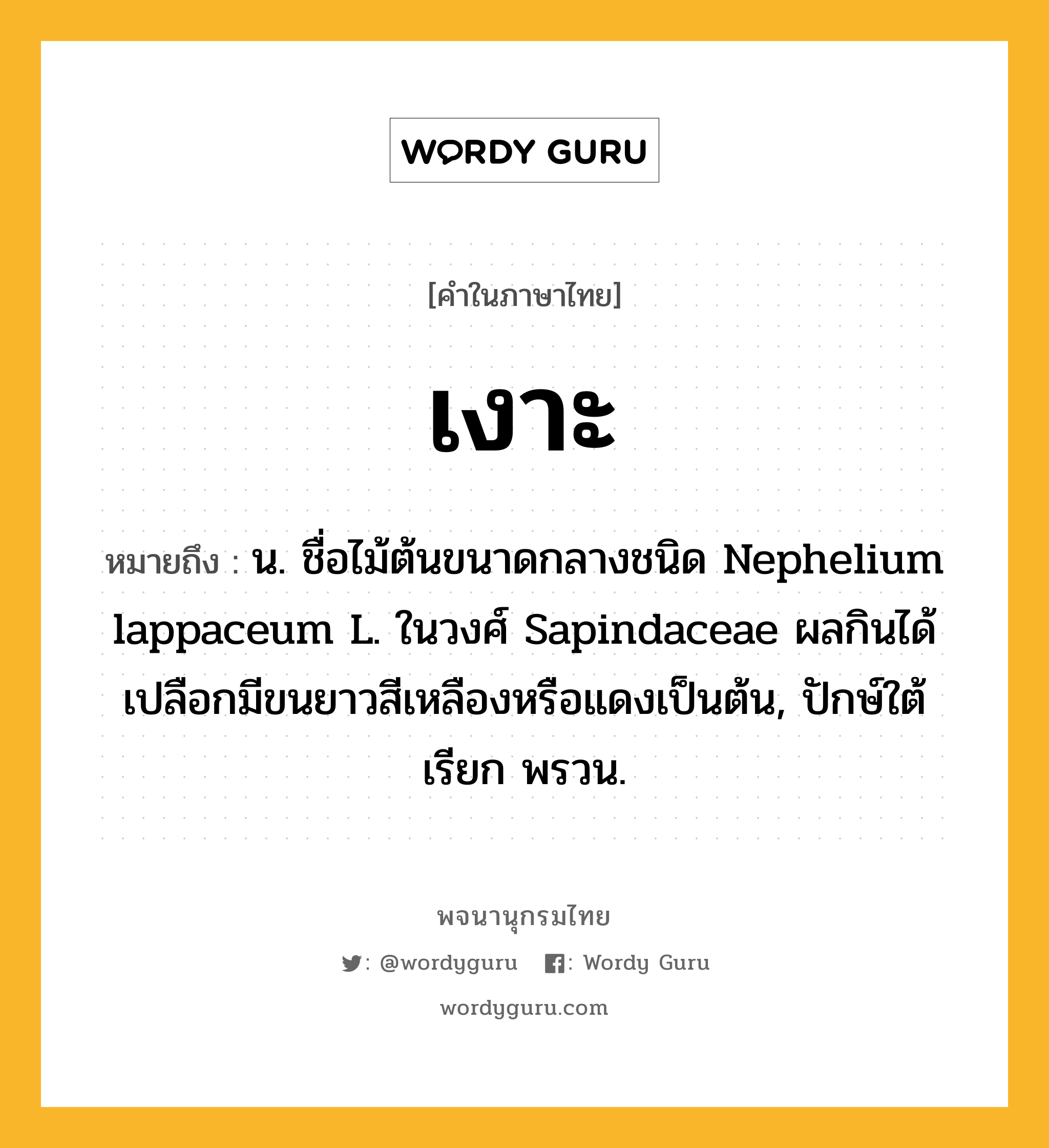 เงาะ หมายถึงอะไร?, คำในภาษาไทย เงาะ หมายถึง น. ชื่อไม้ต้นขนาดกลางชนิด Nephelium lappaceum L. ในวงศ์ Sapindaceae ผลกินได้ เปลือกมีขนยาวสีเหลืองหรือแดงเป็นต้น, ปักษ์ใต้เรียก พรวน.