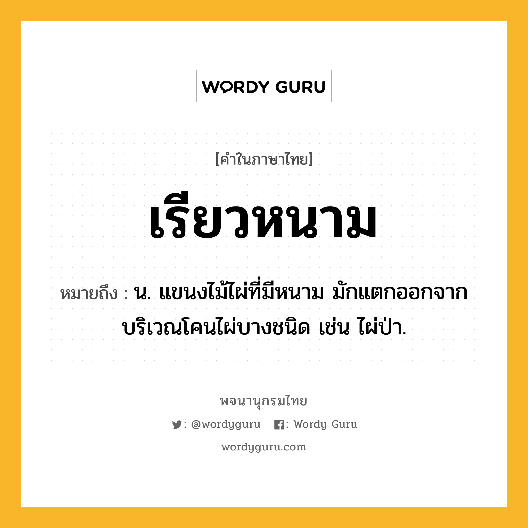 เรียวหนาม หมายถึงอะไร?, คำในภาษาไทย เรียวหนาม หมายถึง น. แขนงไม้ไผ่ที่มีหนาม มักแตกออกจากบริเวณโคนไผ่บางชนิด เช่น ไผ่ป่า.