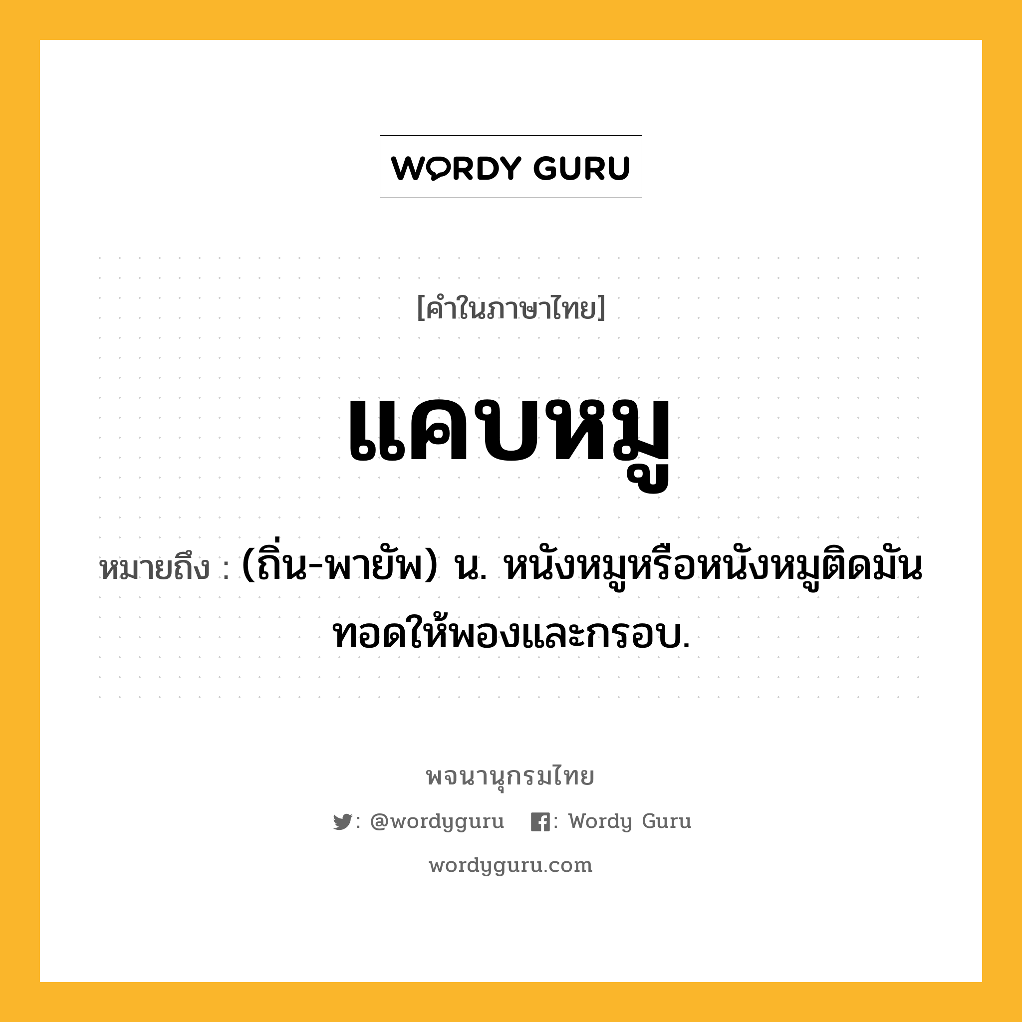 แคบหมู หมายถึงอะไร?, คำในภาษาไทย แคบหมู หมายถึง (ถิ่น-พายัพ) น. หนังหมูหรือหนังหมูติดมันทอดให้พองและกรอบ.