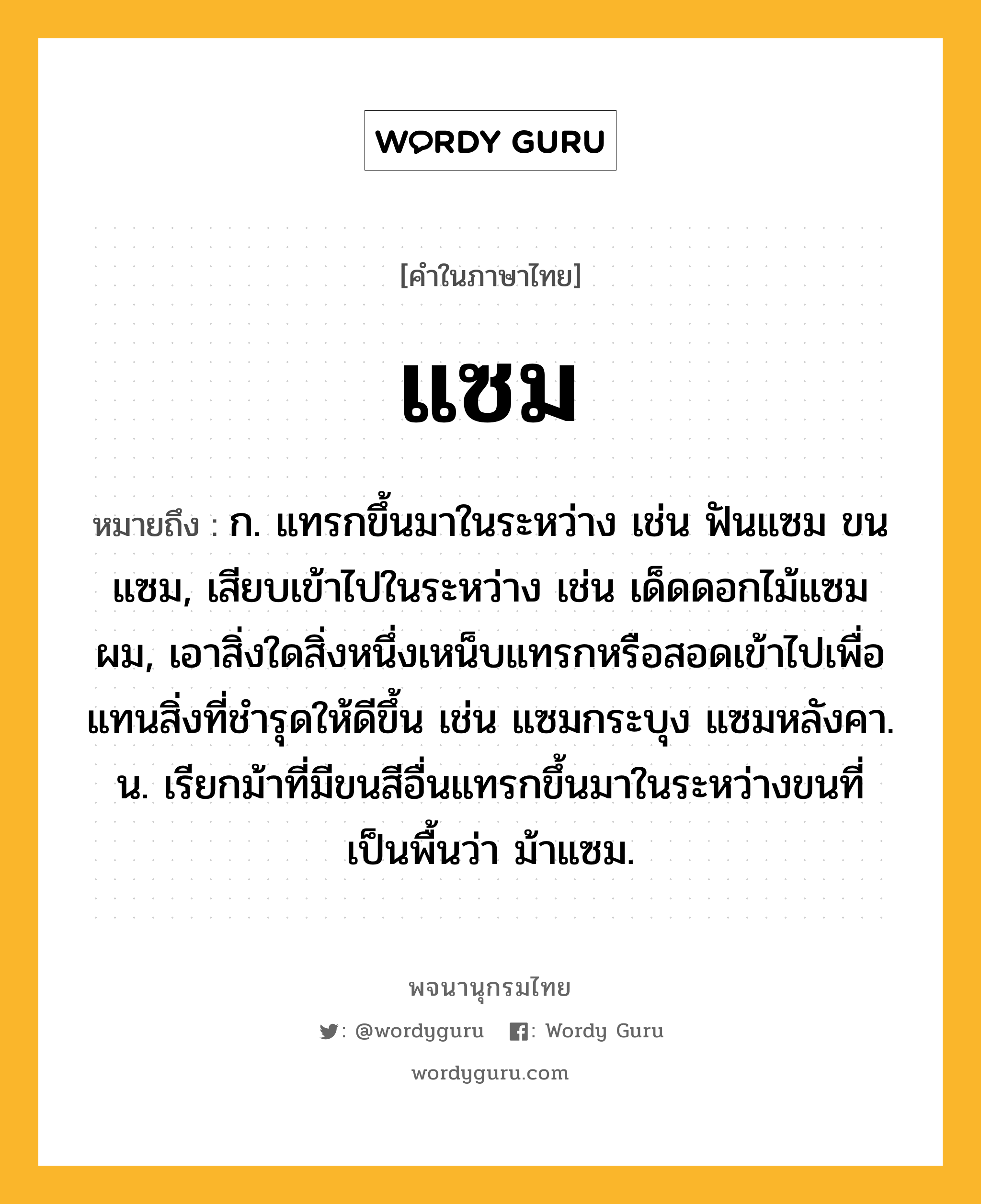 แซม หมายถึงอะไร?, คำในภาษาไทย แซม หมายถึง ก. แทรกขึ้นมาในระหว่าง เช่น ฟันแซม ขนแซม, เสียบเข้าไปในระหว่าง เช่น เด็ดดอกไม้แซมผม, เอาสิ่งใดสิ่งหนึ่งเหน็บแทรกหรือสอดเข้าไปเพื่อแทนสิ่งที่ชํารุดให้ดีขึ้น เช่น แซมกระบุง แซมหลังคา. น. เรียกม้าที่มีขนสีอื่นแทรกขึ้นมาในระหว่างขนที่เป็นพื้นว่า ม้าแซม.