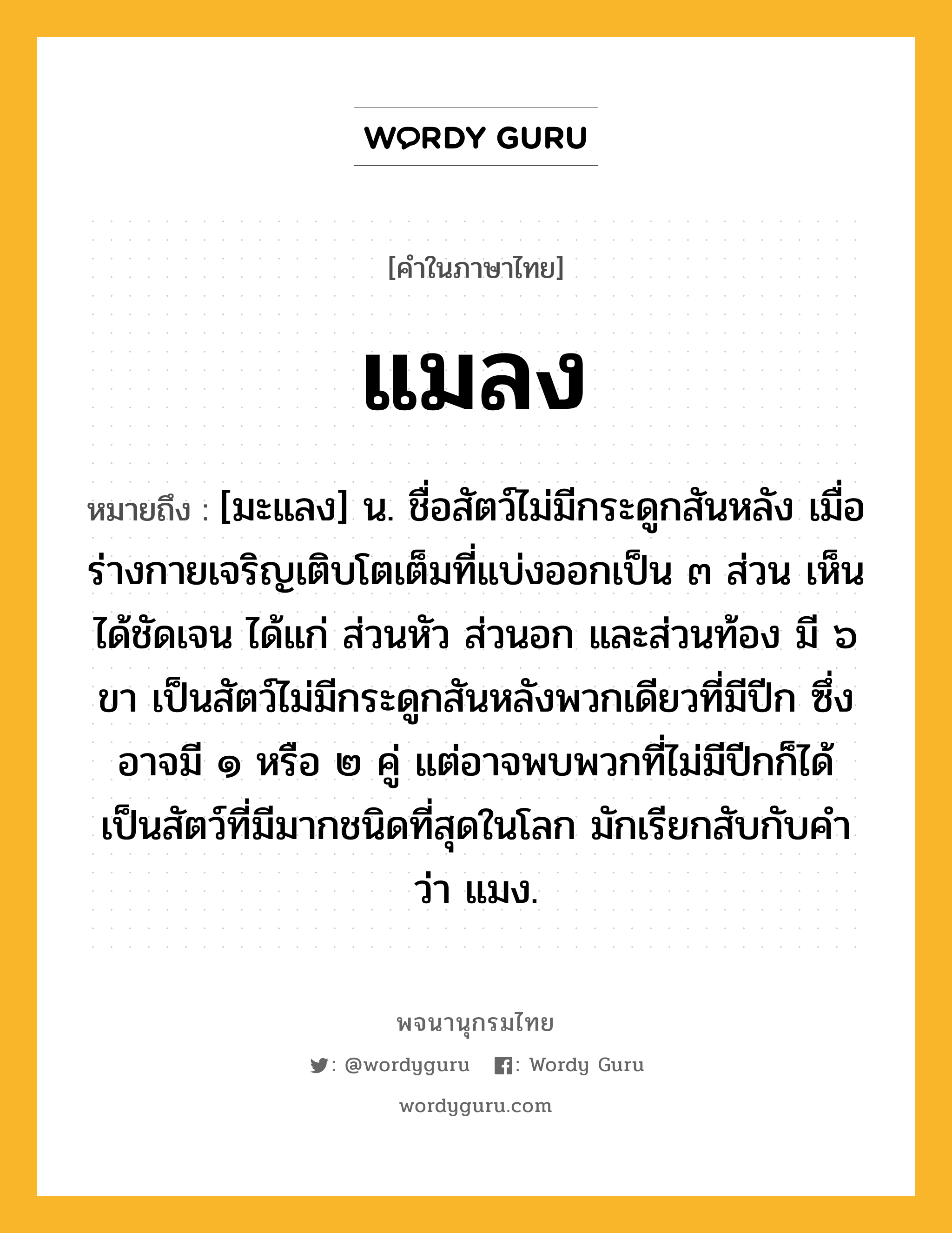 แมลง หมายถึงอะไร?, คำในภาษาไทย แมลง หมายถึง [มะแลง] น. ชื่อสัตว์ไม่มีกระดูกสันหลัง เมื่อร่างกายเจริญเติบโตเต็มที่แบ่งออกเป็น ๓ ส่วน เห็นได้ชัดเจน ได้แก่ ส่วนหัว ส่วนอก และส่วนท้อง มี ๖ ขา เป็นสัตว์ไม่มีกระดูกสันหลังพวกเดียวที่มีปีก ซึ่งอาจมี ๑ หรือ ๒ คู่ แต่อาจพบพวกที่ไม่มีปีกก็ได้ เป็นสัตว์ที่มีมากชนิดที่สุดในโลก มักเรียกสับกับคําว่า แมง.