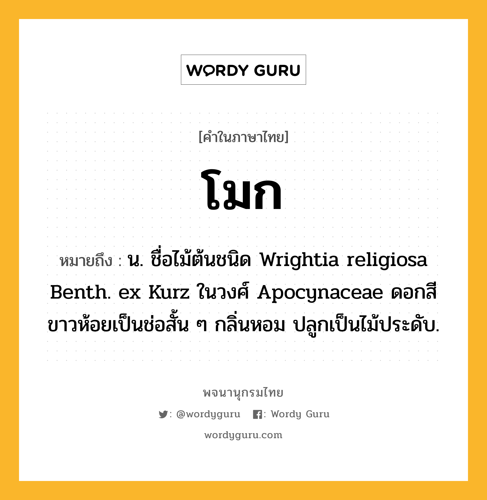 โมก หมายถึงอะไร?, คำในภาษาไทย โมก หมายถึง น. ชื่อไม้ต้นชนิด Wrightia religiosa Benth. ex Kurz ในวงศ์ Apocynaceae ดอกสีขาวห้อยเป็นช่อสั้น ๆ กลิ่นหอม ปลูกเป็นไม้ประดับ.