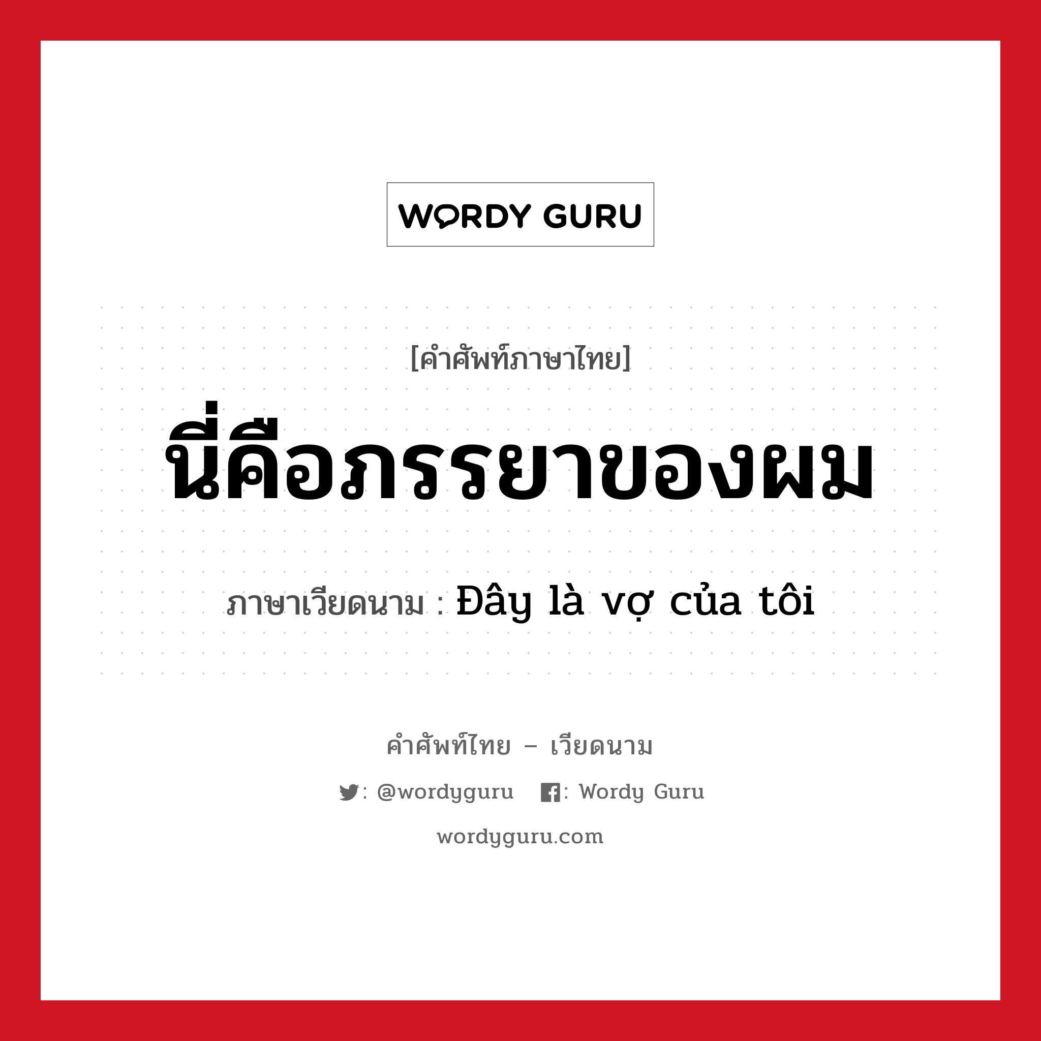 นี่คือภรรยาของผม ภาษาเวียดนามคืออะไร, คำศัพท์ภาษาไทย - เวียดนาม นี่คือภรรยาของผม ภาษาเวียดนาม Đây là vợ của tôi หมวด การทักทาย หมวด การทักทาย