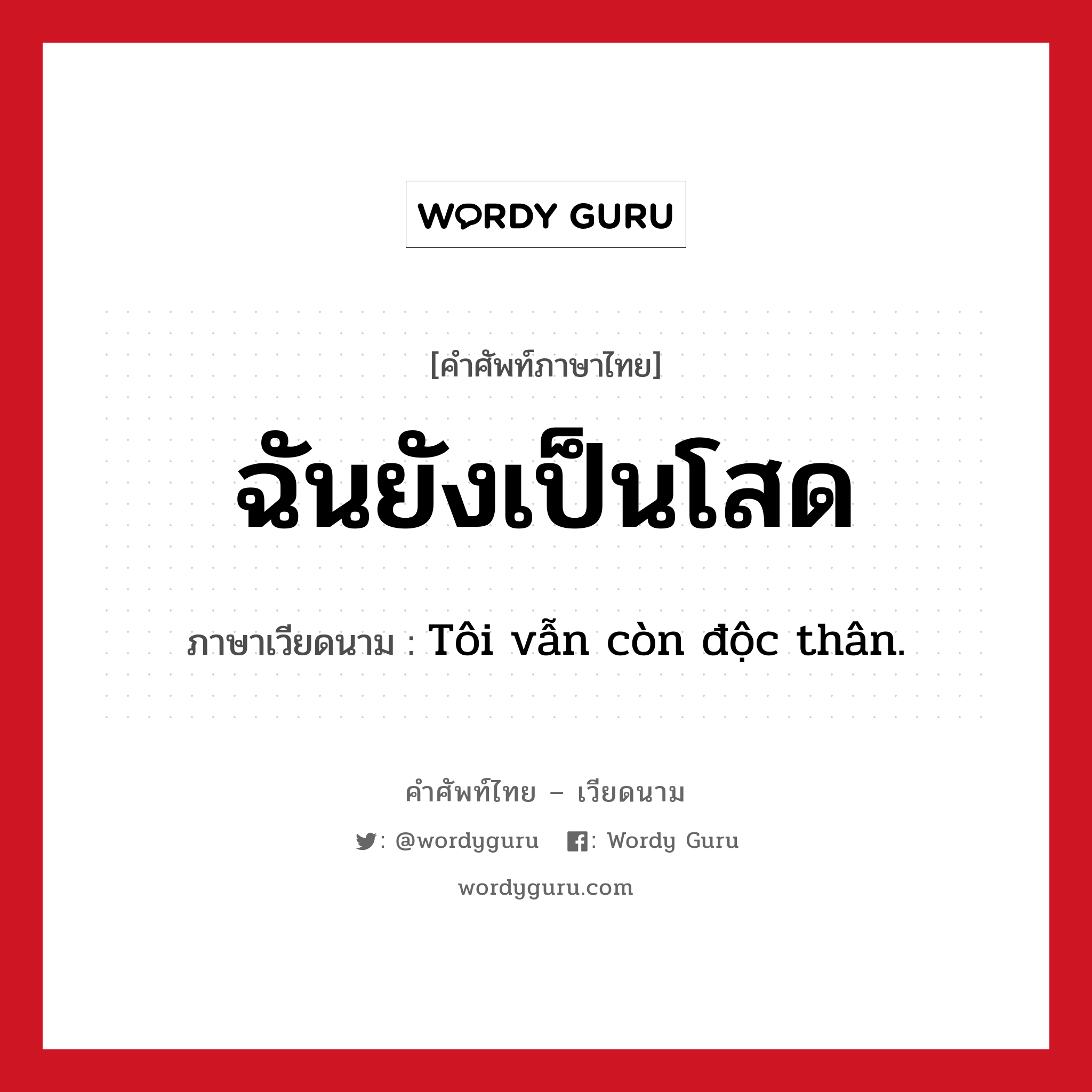 ฉันยังเป็นโสด ภาษาเวียดนามคืออะไร, คำศัพท์ภาษาไทย - เวียดนาม ฉันยังเป็นโสด ภาษาเวียดนาม Tôi vẫn còn độc thân. หมวด เครือญาติ หมวด เครือญาติ