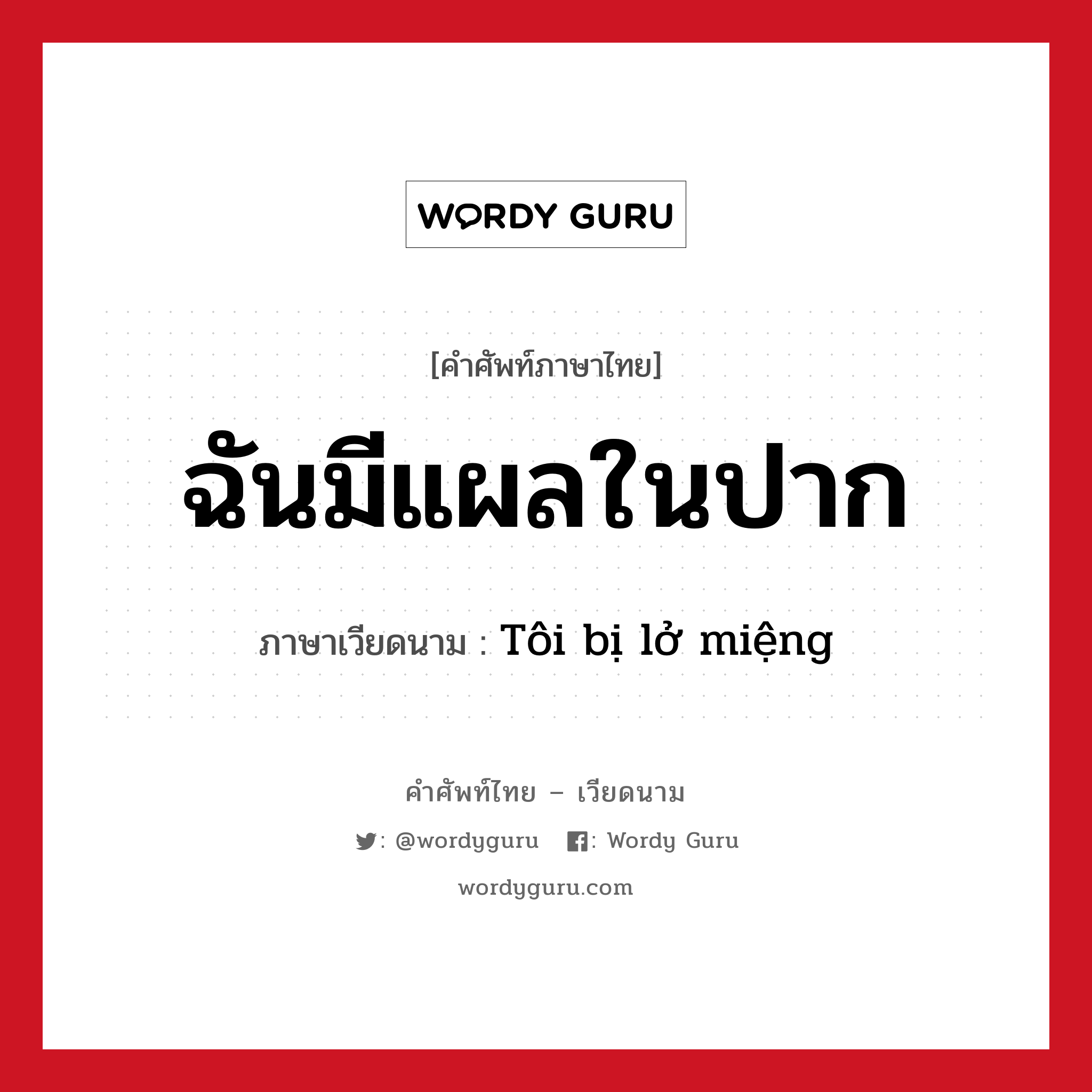 ฉันมีแผลในปาก ภาษาเวียดนามคืออะไร, คำศัพท์ภาษาไทย - เวียดนาม ฉันมีแผลในปาก ภาษาเวียดนาม Tôi bị lở miệng หมวด อวัยวะ หมวด อวัยวะ